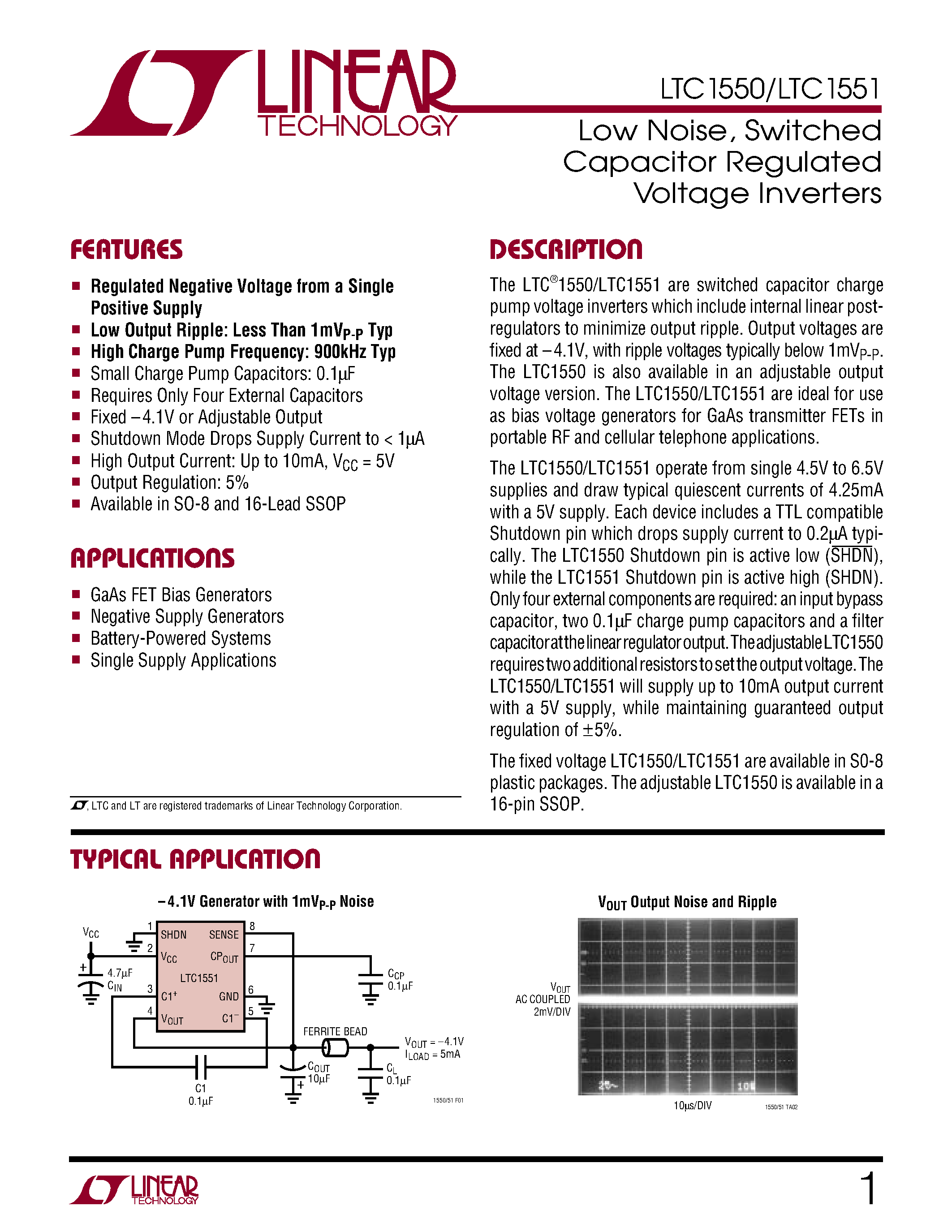 Datasheet LTC1550CS8-4.1 - Low Noise/ Switched Capacitor Regulated Voltage Inverters page 1