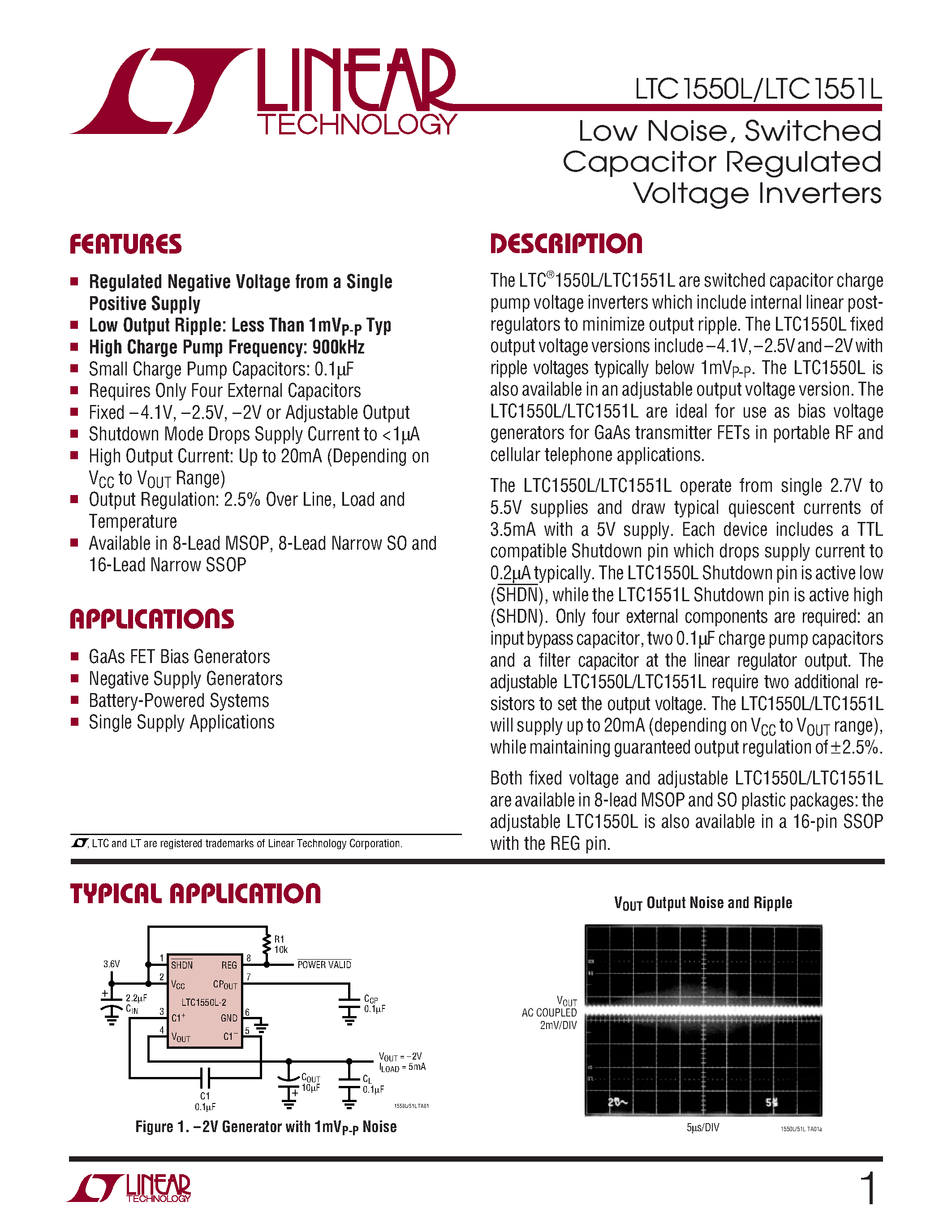 Datasheet LTC1550LCMS8-4.1 - Low Noise/ Switched Capacitor Regulated Voltage Inverters page 1