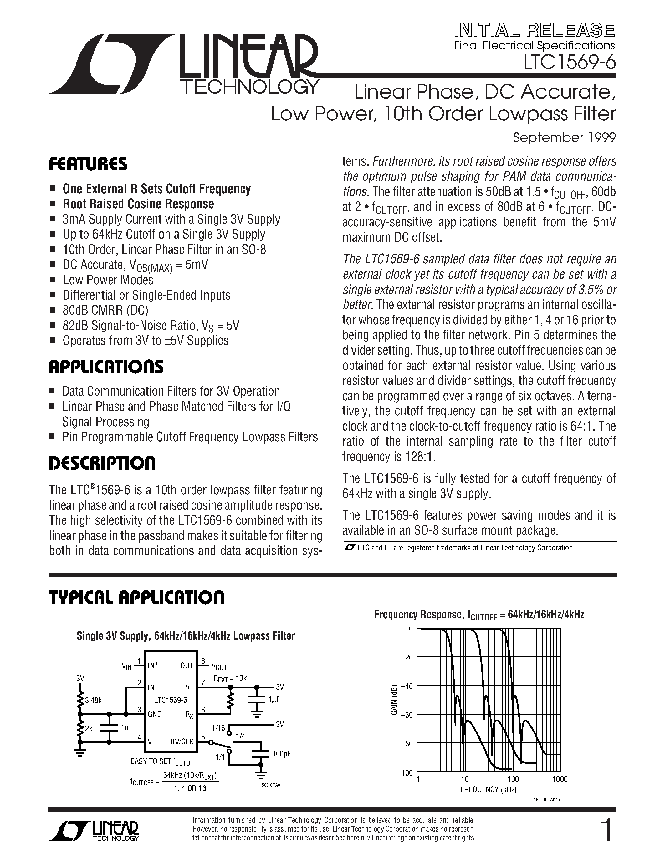 Даташит LTC1569-6 - Linear Phase/ DC Accurate/ Low Power/ 10th Order Lowpass Filter страница 1