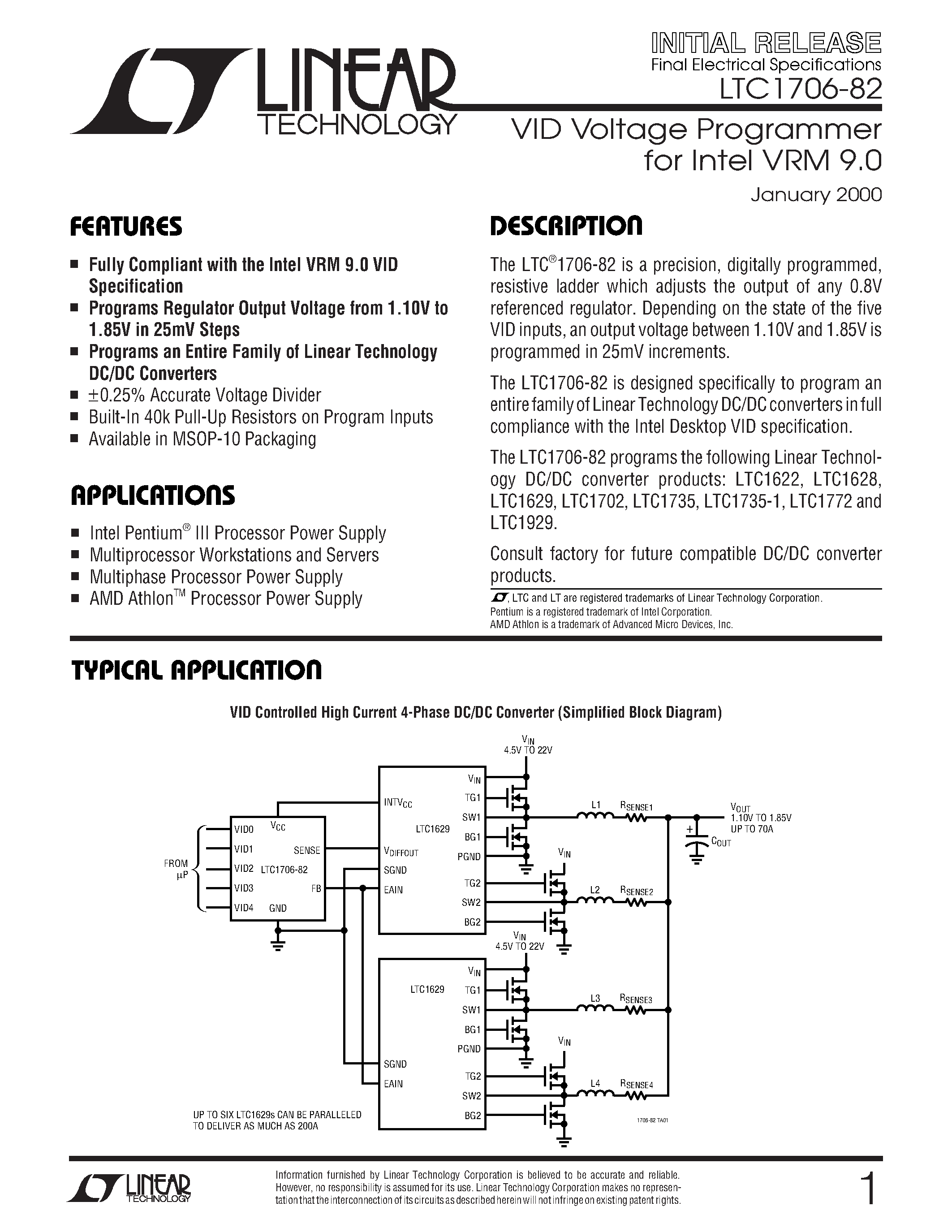 Даташит LTC1706-82 - VID Voltage Programmer for Intel VRM 9.0 страница 1