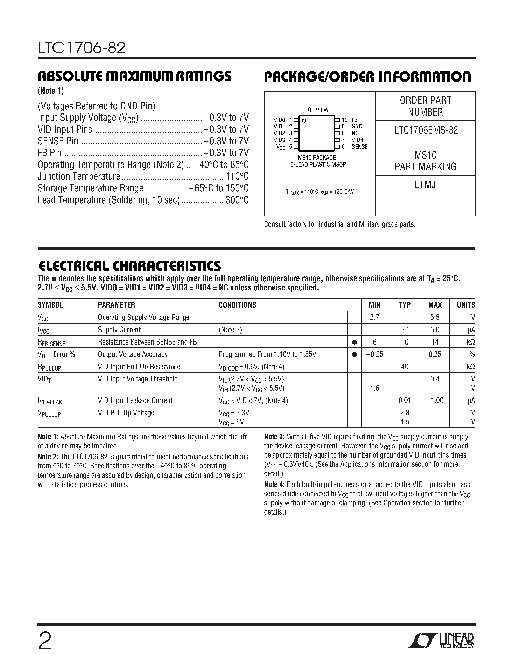 Даташит LTC1706-82 - VID Voltage Programmer for Intel VRM 9.0 страница 2