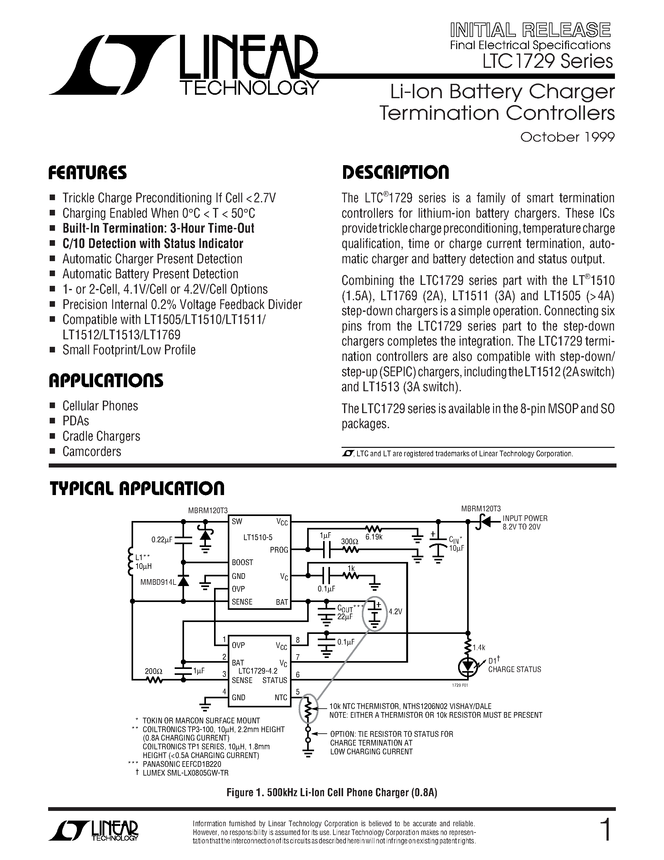 Datasheet LTC1729CMS8-4.1 - Li-Ion Battery Charger Termination Controllers page 1