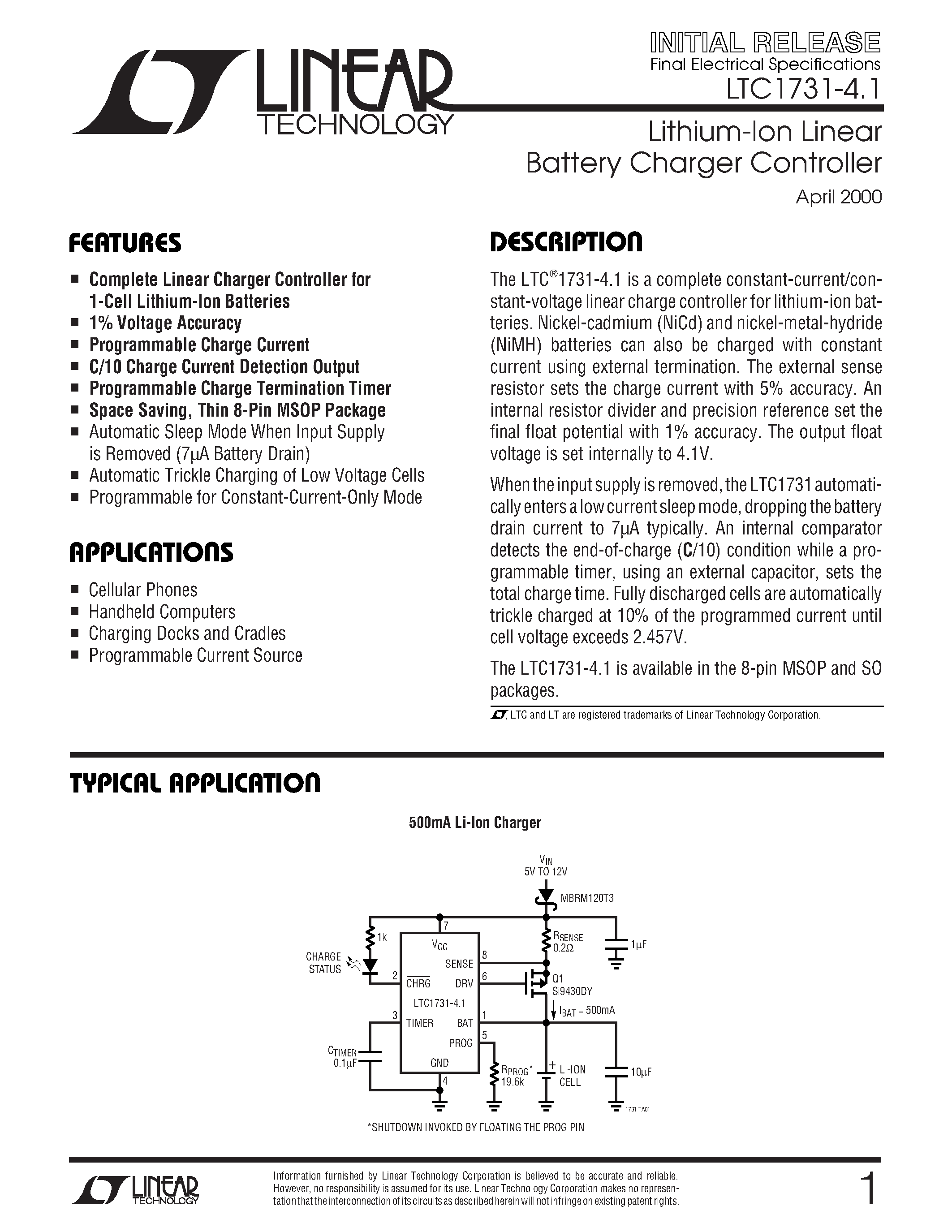 Datasheet LTC1731-4.1 - Lithium-Ion Linear Battery Charger Controller page 1