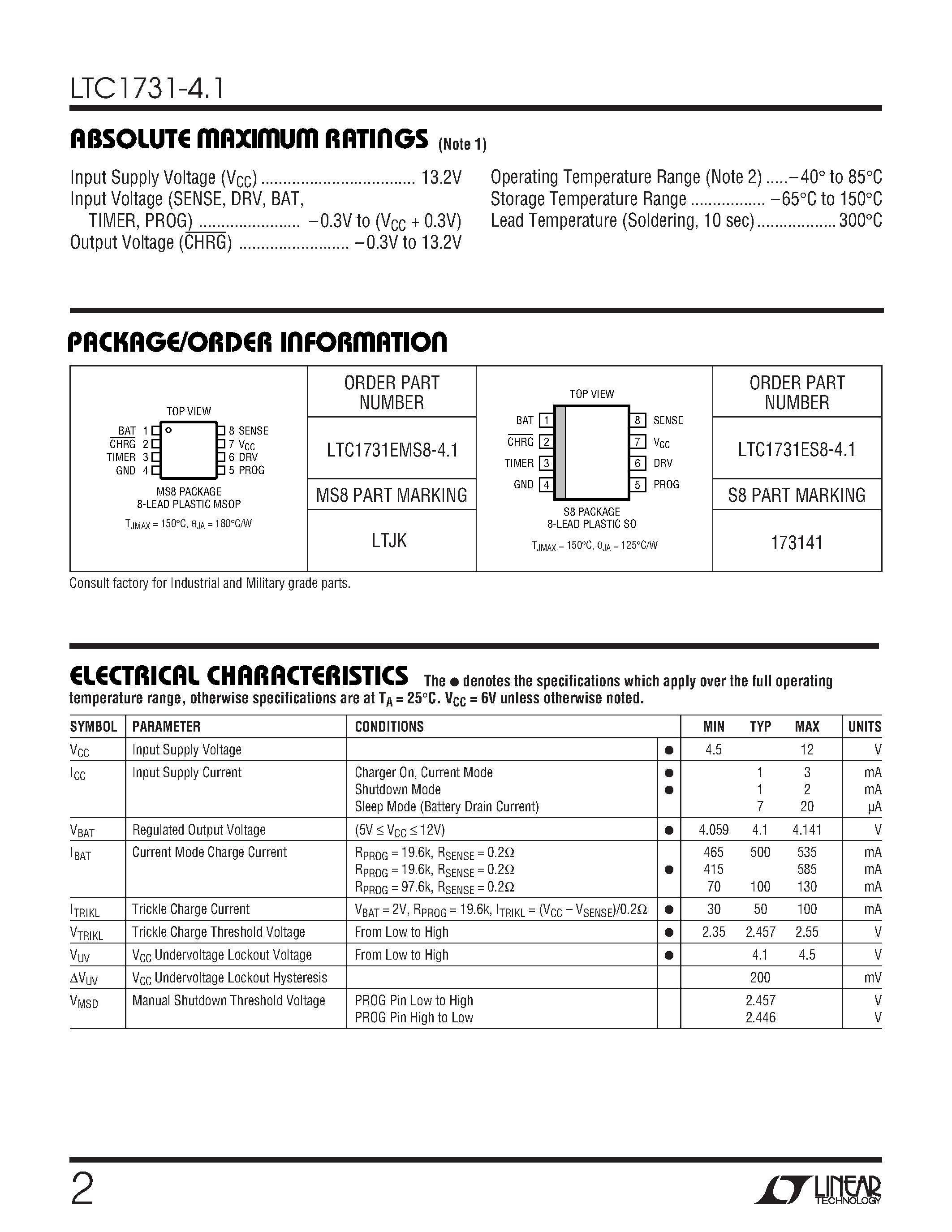 Datasheet LTC1731-4.1 - Lithium-Ion Linear Battery Charger Controller page 2