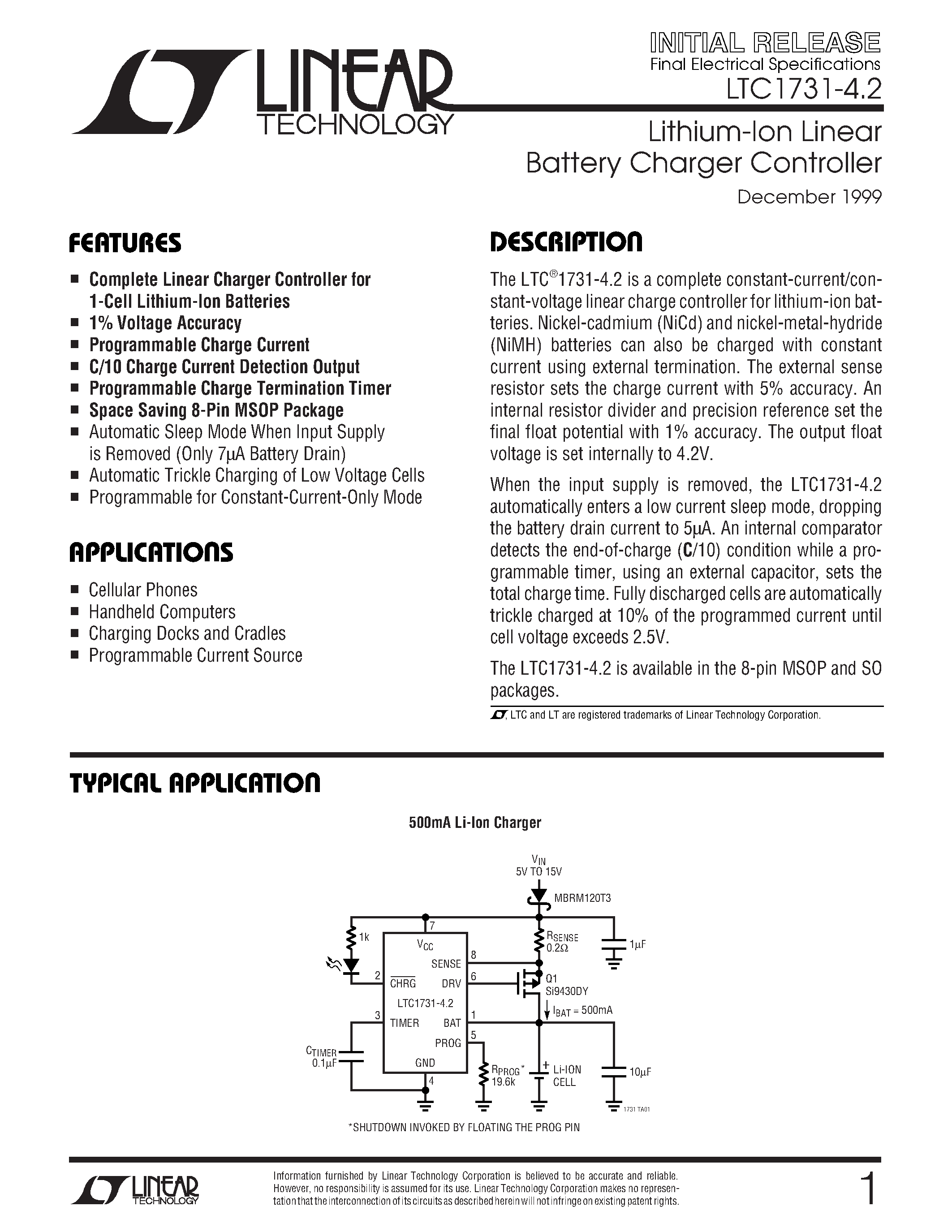 Даташит LTC1731ES8-4.2 - Lithium-Ion Linear Battery Charger Controller страница 1