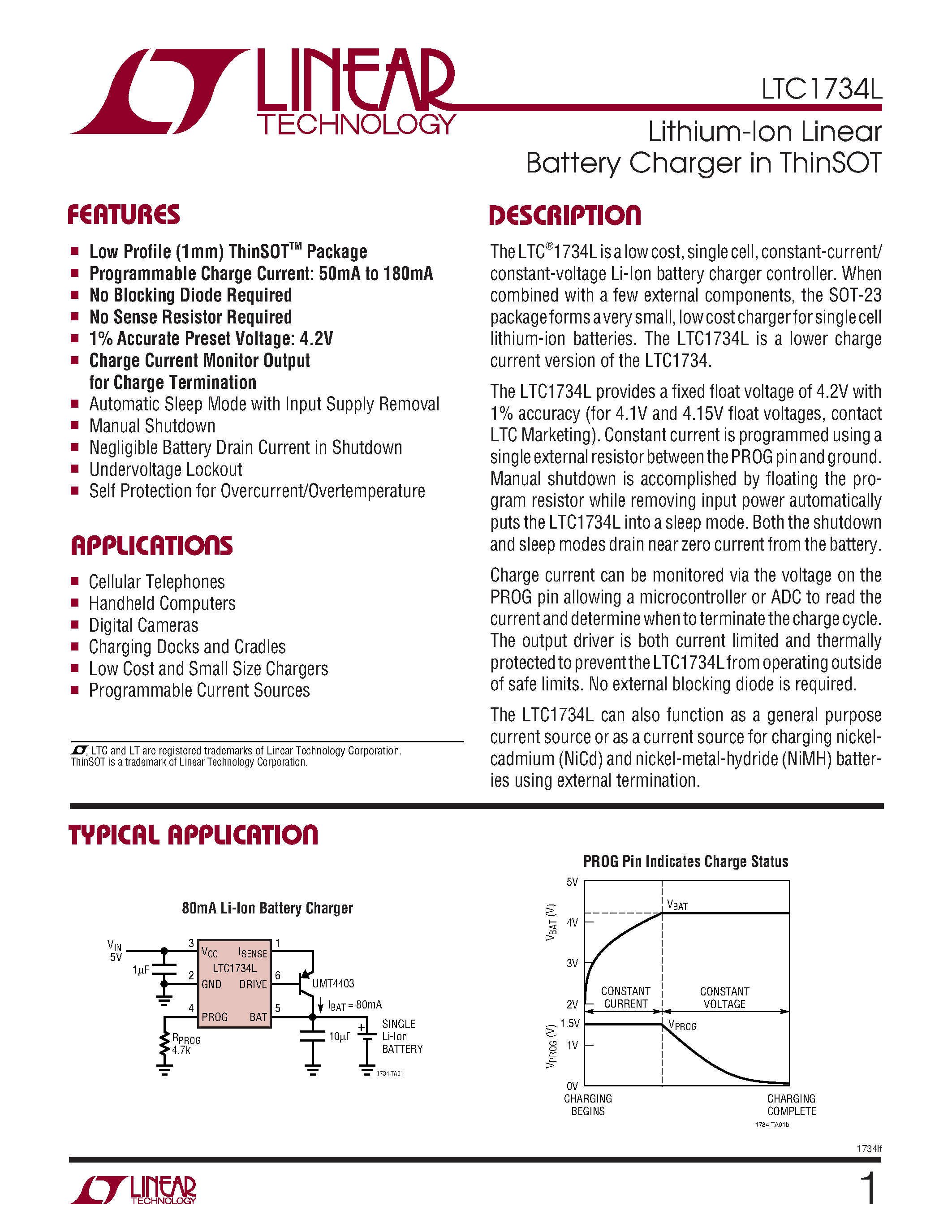 Datasheet LTC1734LES6-4.2 - Lithium-Ion Linear Battery Charger in ThinSOT page 1