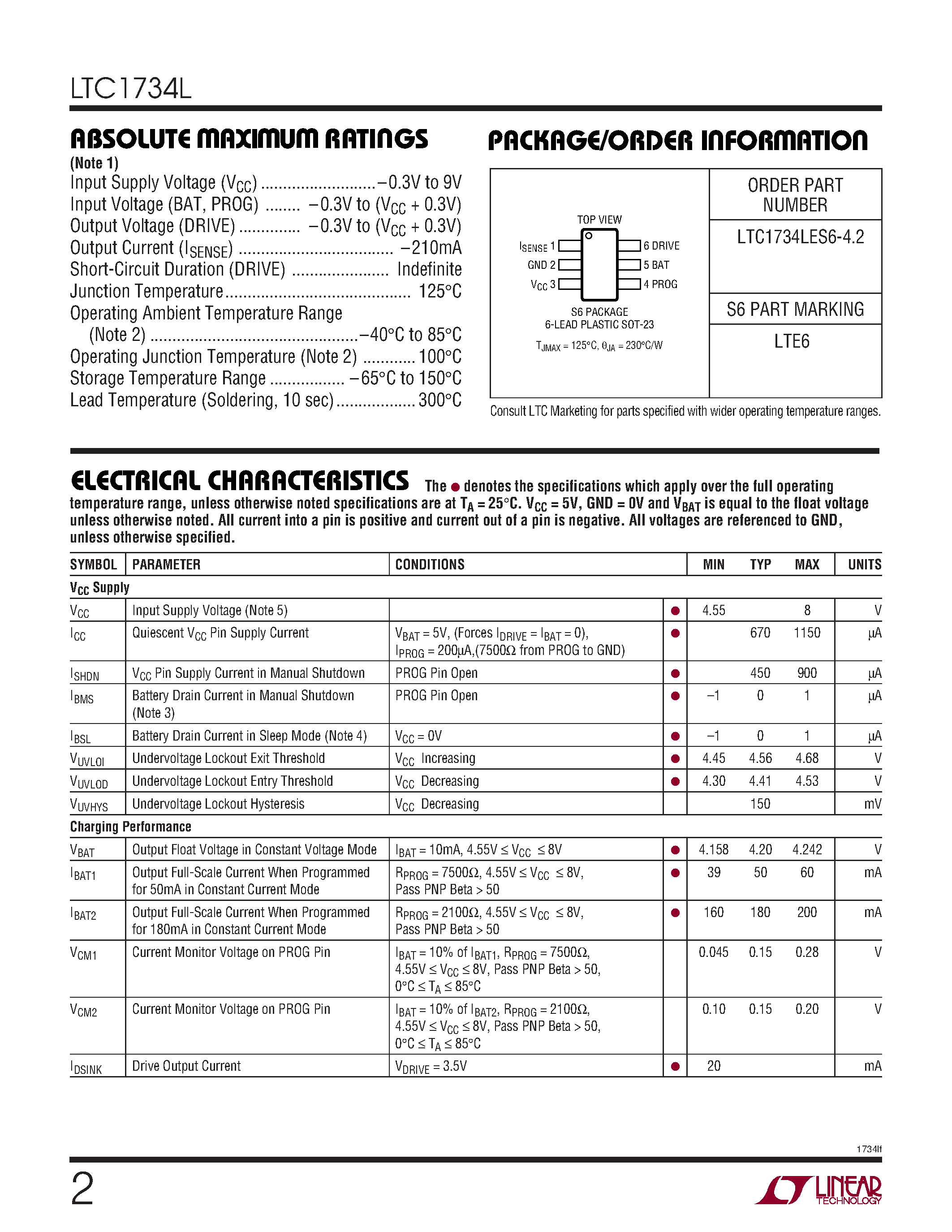 Datasheet LTC1734LES6-4.2 - Lithium-Ion Linear Battery Charger in ThinSOT page 2