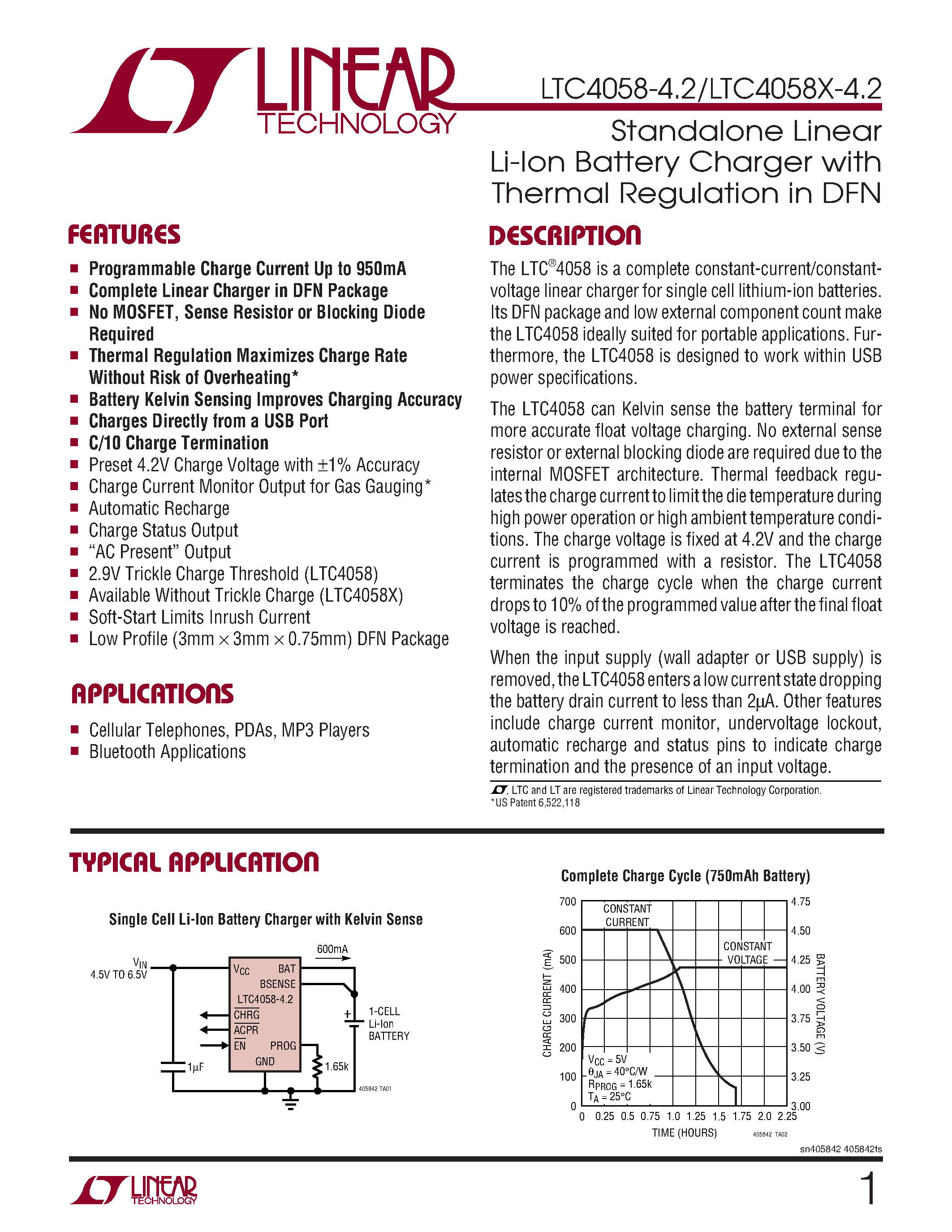 Datasheet LTC4058EDD-4.2 - Standalone Linear Li-Ion Battery Charger with Thermal Regulation in DFN page 1