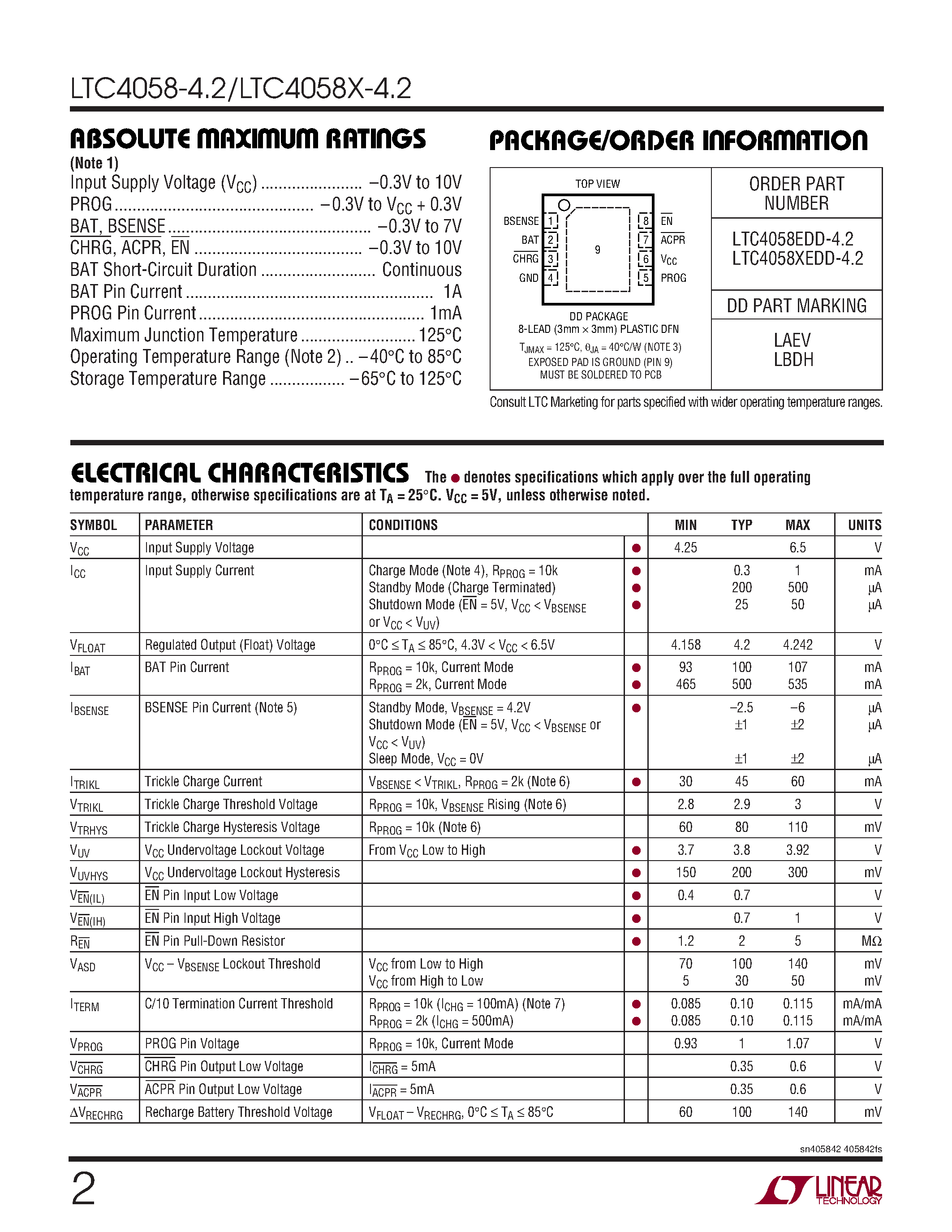 Datasheet LTC4058EDD-4.2 - Standalone Linear Li-Ion Battery Charger with Thermal Regulation in DFN page 2