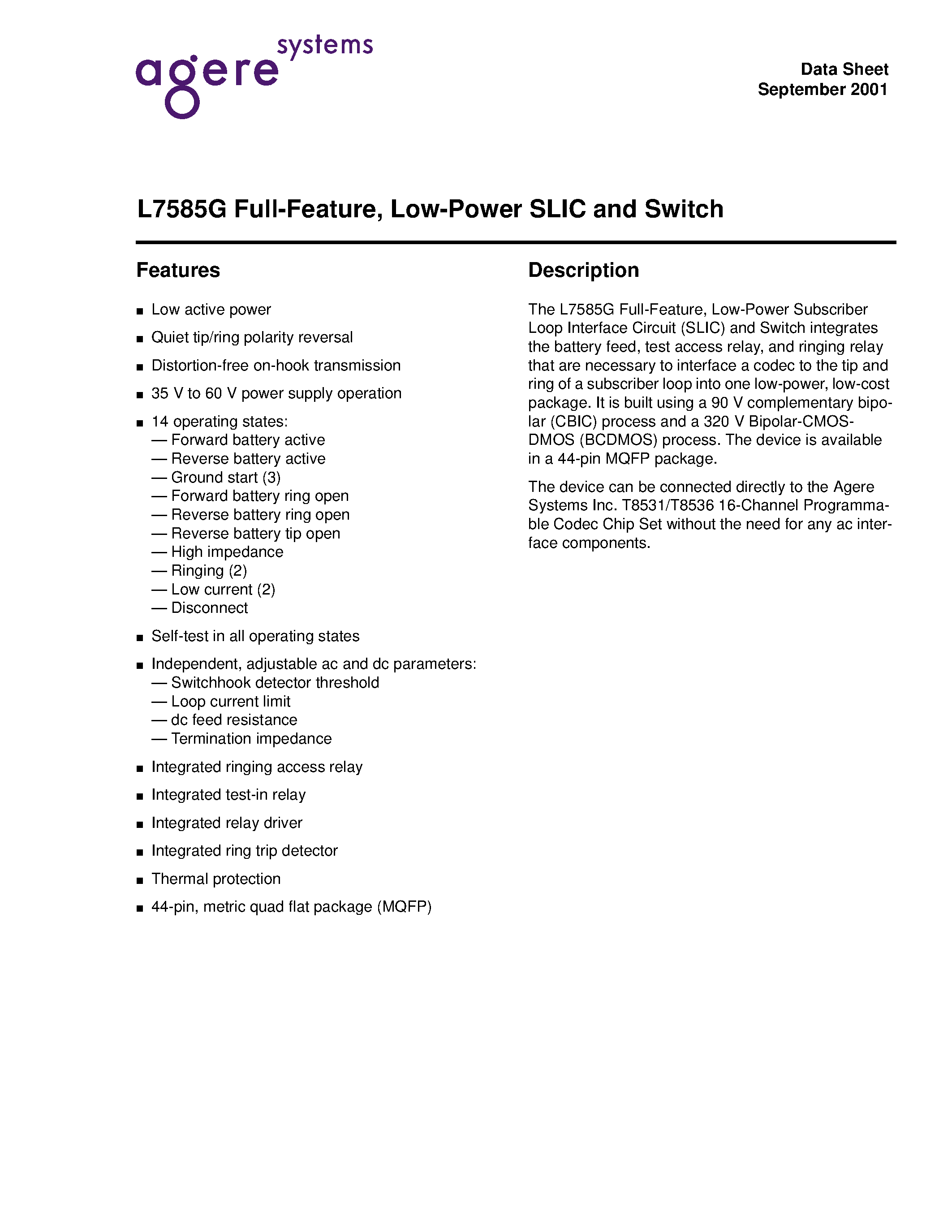 Datasheet LUCL7585GBE-D - Full-Feature/Low-Power SLIC and Switch page 1