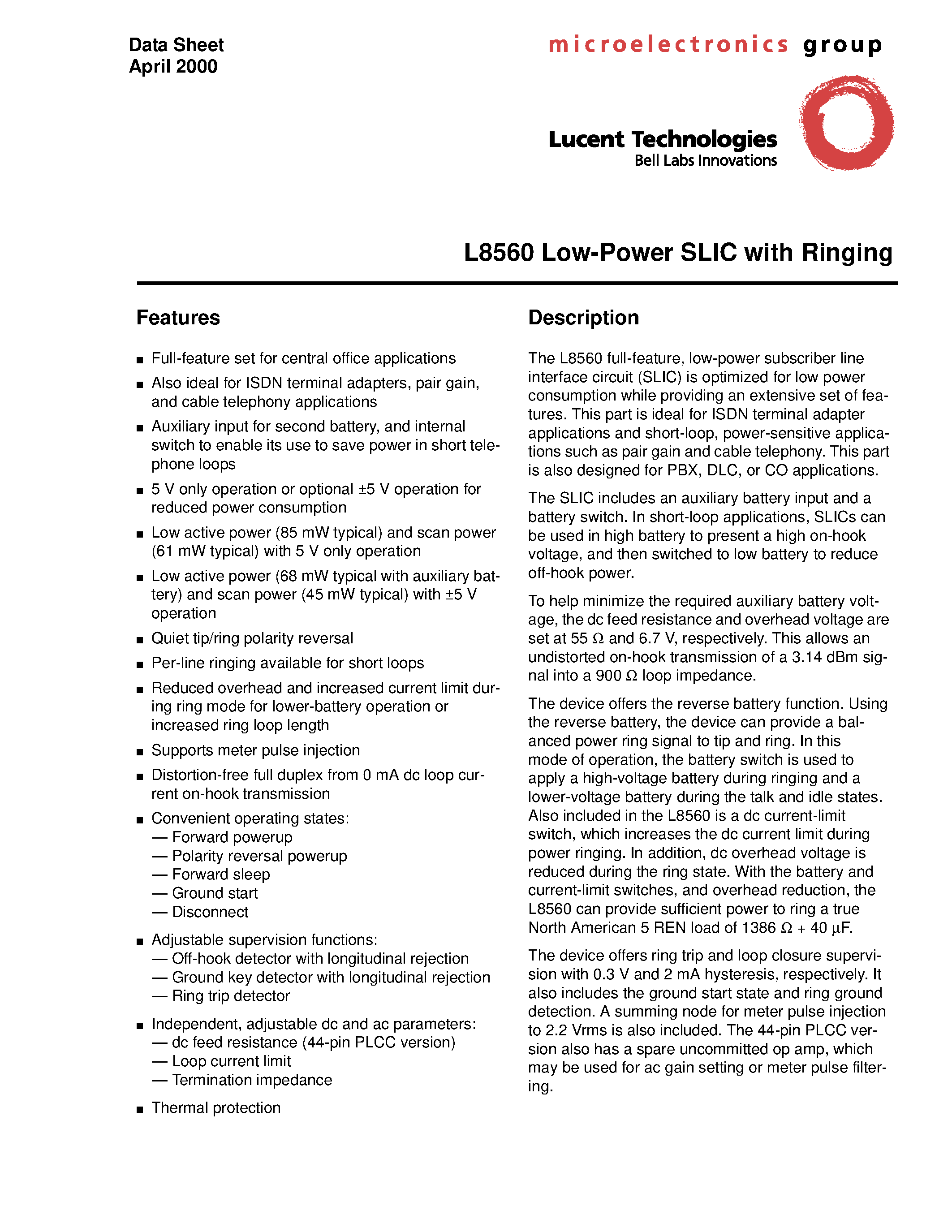 Datasheet LUCL8560AU-D - Low-Power SLIC with Ringing page 1