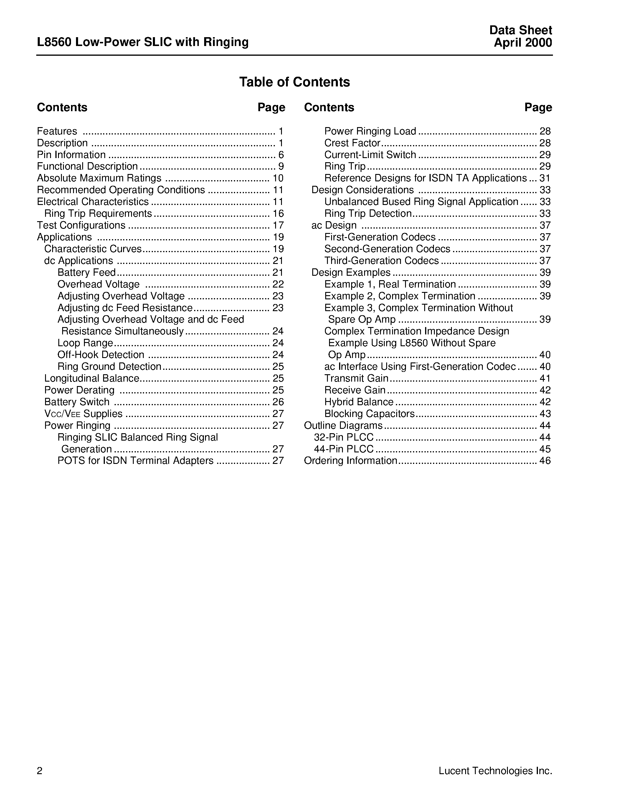 Datasheet LUCL8560AU-D - Low-Power SLIC with Ringing page 2