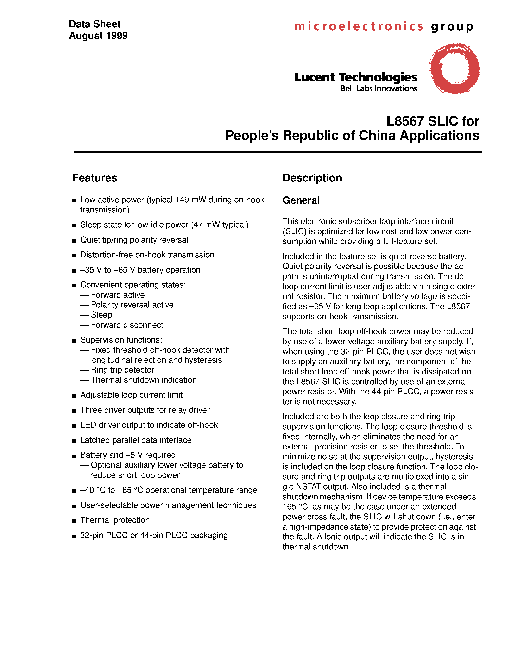 Datasheet LUCL8567AAU-D - SLIC for Peoples Republic of China Applications page 1