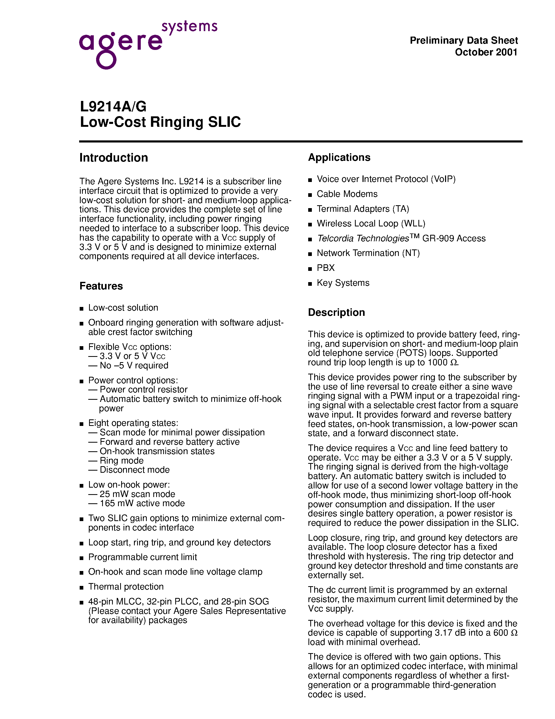 Datasheet LUCL9214AAU-D - Low-Cost Ringing SLIC page 1