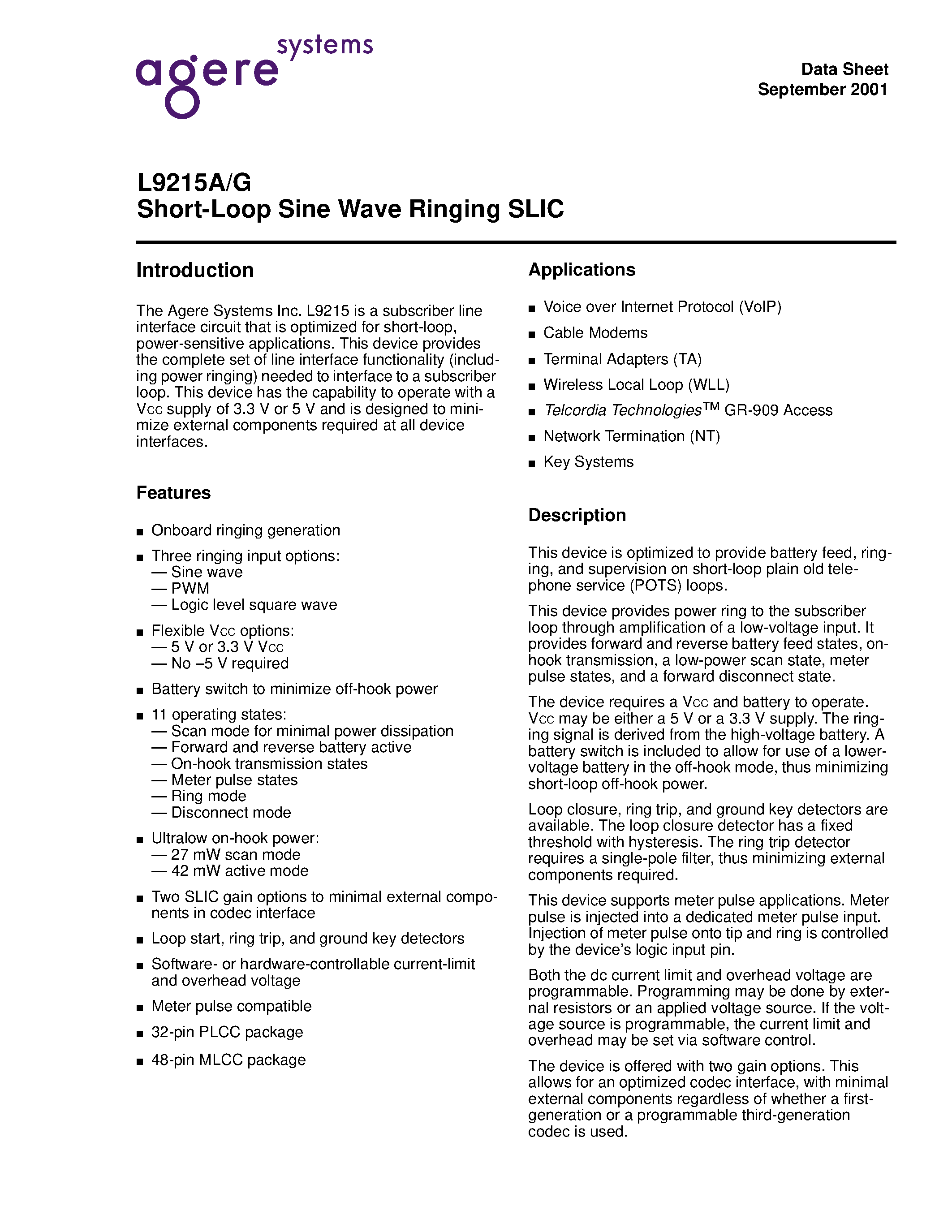 Datasheet LUCL9215AAU-D - Short-Loop Sine Wave Ringing SLIC page 1