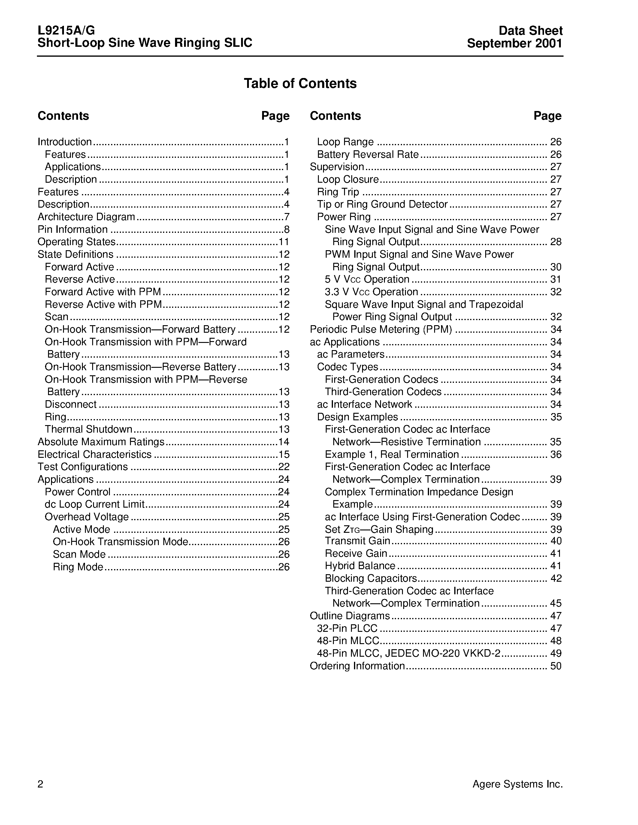 Datasheet LUCL9215AAU-D - Short-Loop Sine Wave Ringing SLIC page 2