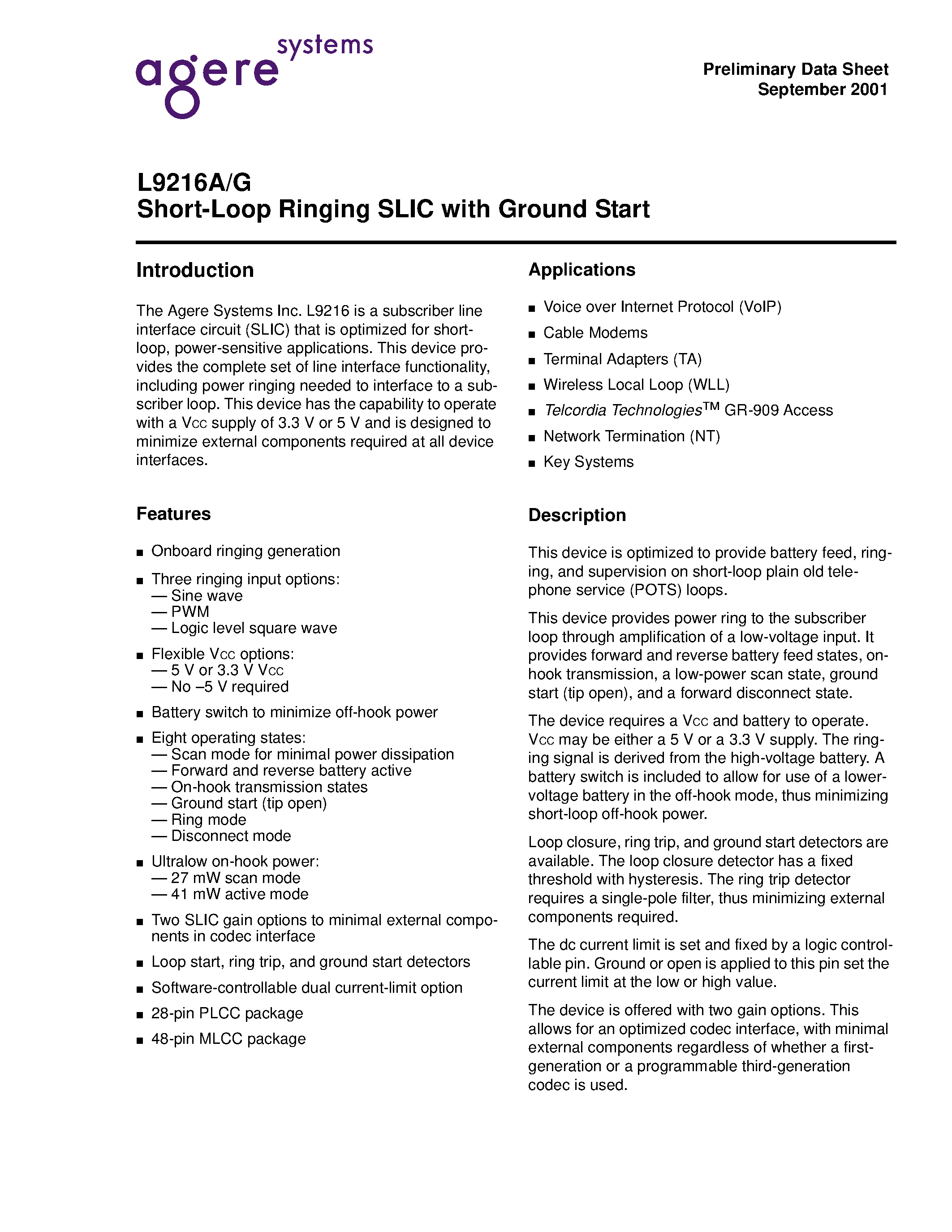 Datasheet LUCL9216ARG-D - Short-Loop Ringing SLIC with Ground Start page 1