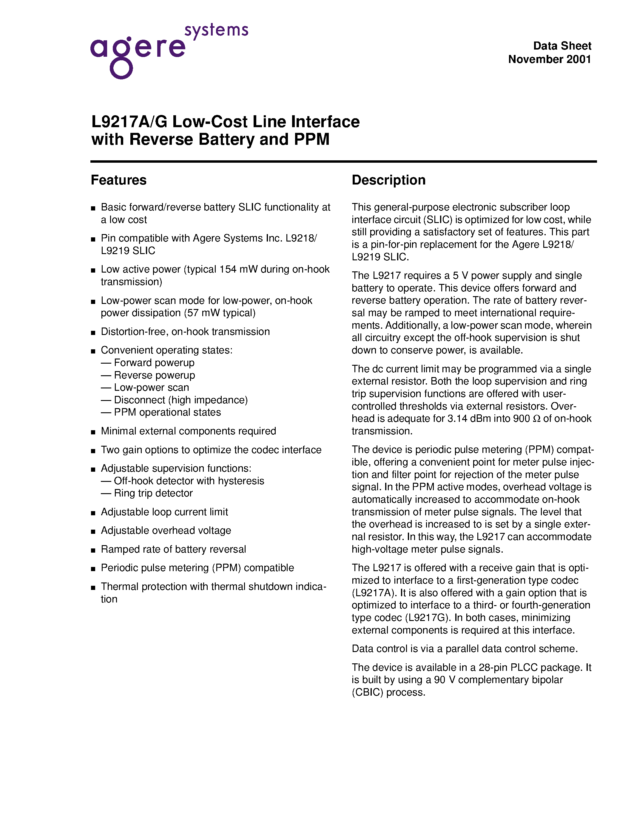 Datasheet LUCL9217AAR-D - Low-Cost Line Interface with Reverse Battery and PPM page 1