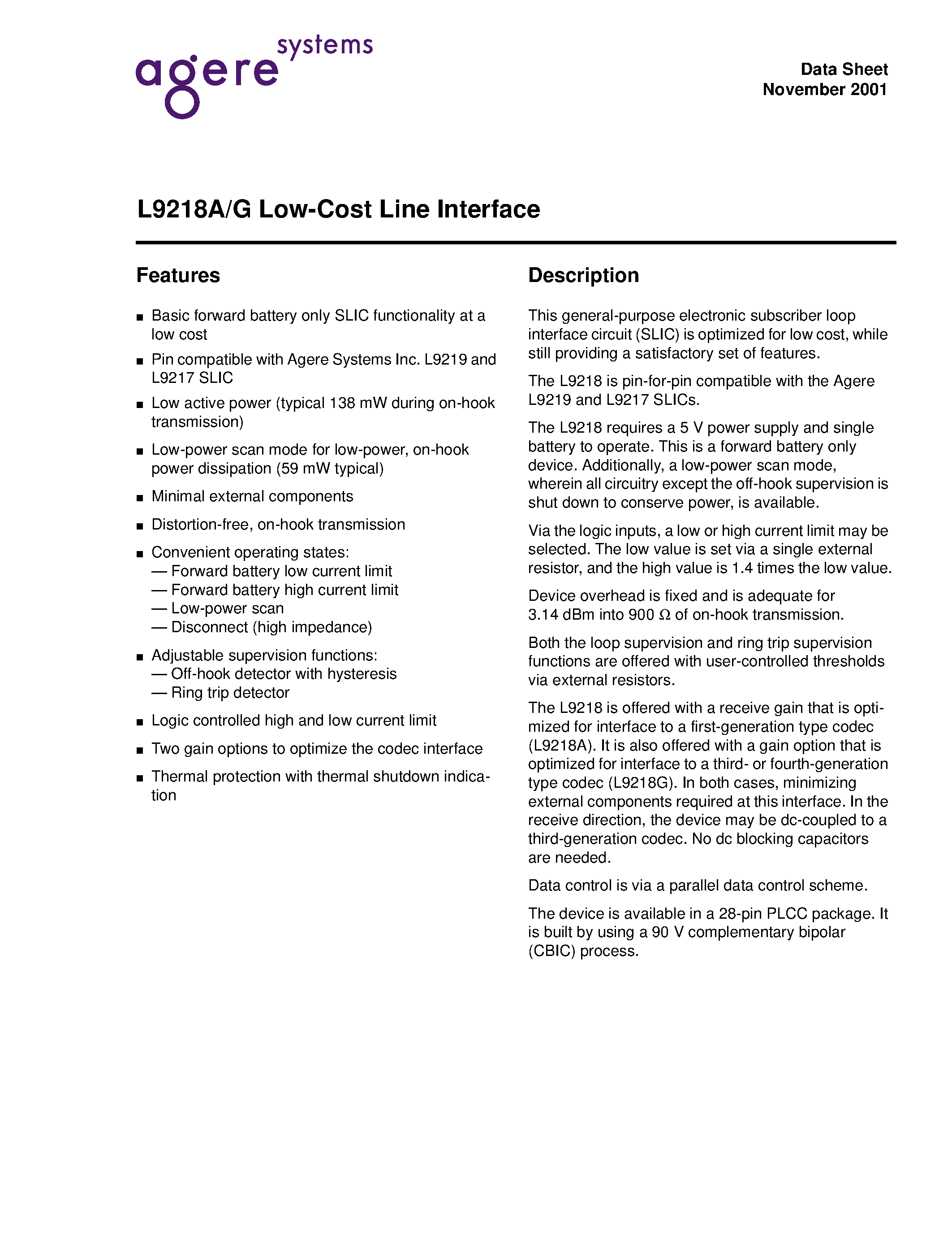 Datasheet LUCL9218GAR-D - Low-Cost Line Interface page 1