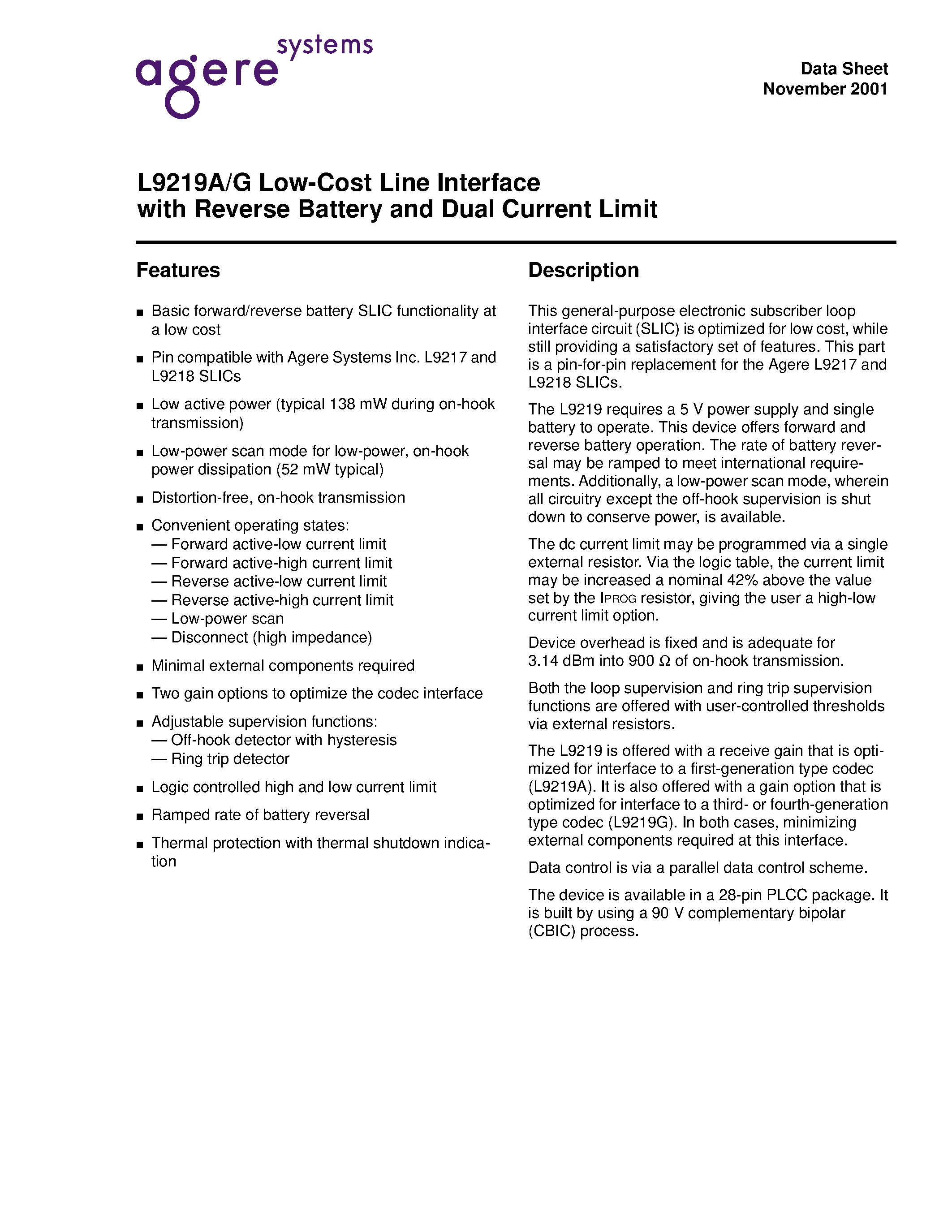 Datasheet LUCL9219AAR-D - Low-Cost Line Interface with Reverse Battery and Dual Current Limit page 1