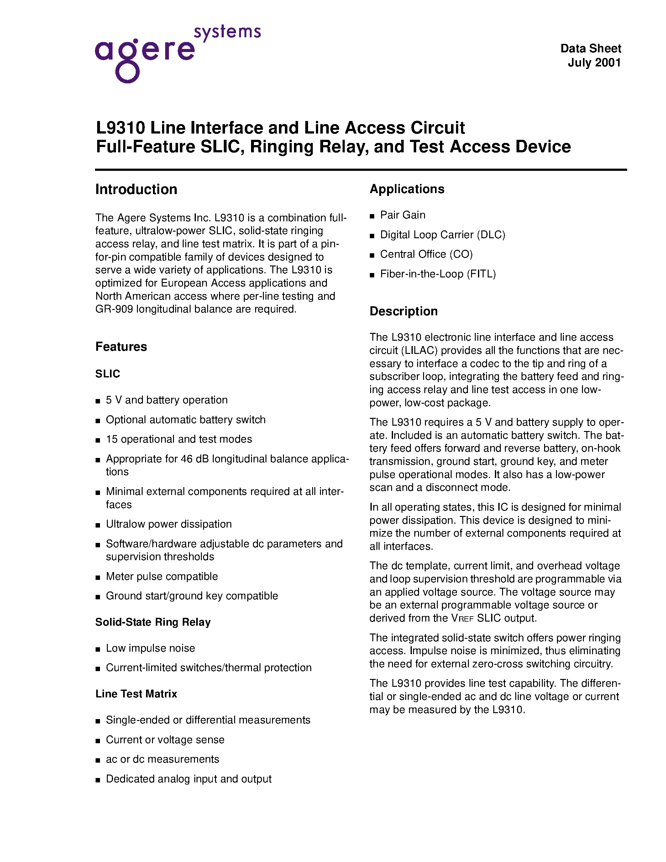 Datasheet LUCL9310AP-D - Line Interface and Line Access Circuit Full-Feature SLIC/Ringing Relay/and Test Access Device page 1