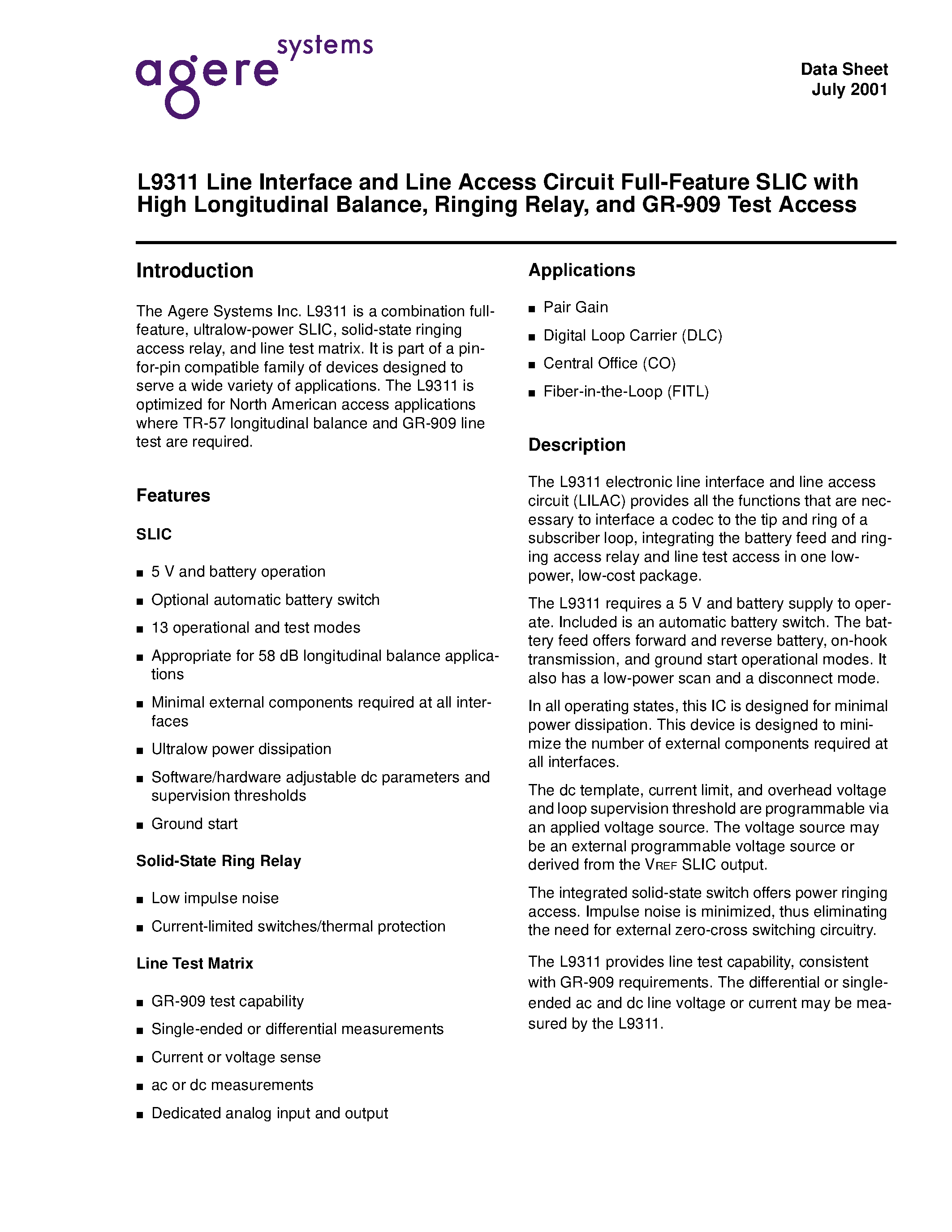 Datasheet LUCL9311AP-D - Line Interface and Line Access Circuit Full-Feature SLIC with High Longitudinal Balance/ Ringing Relay/and GR-909 Test Access page 1