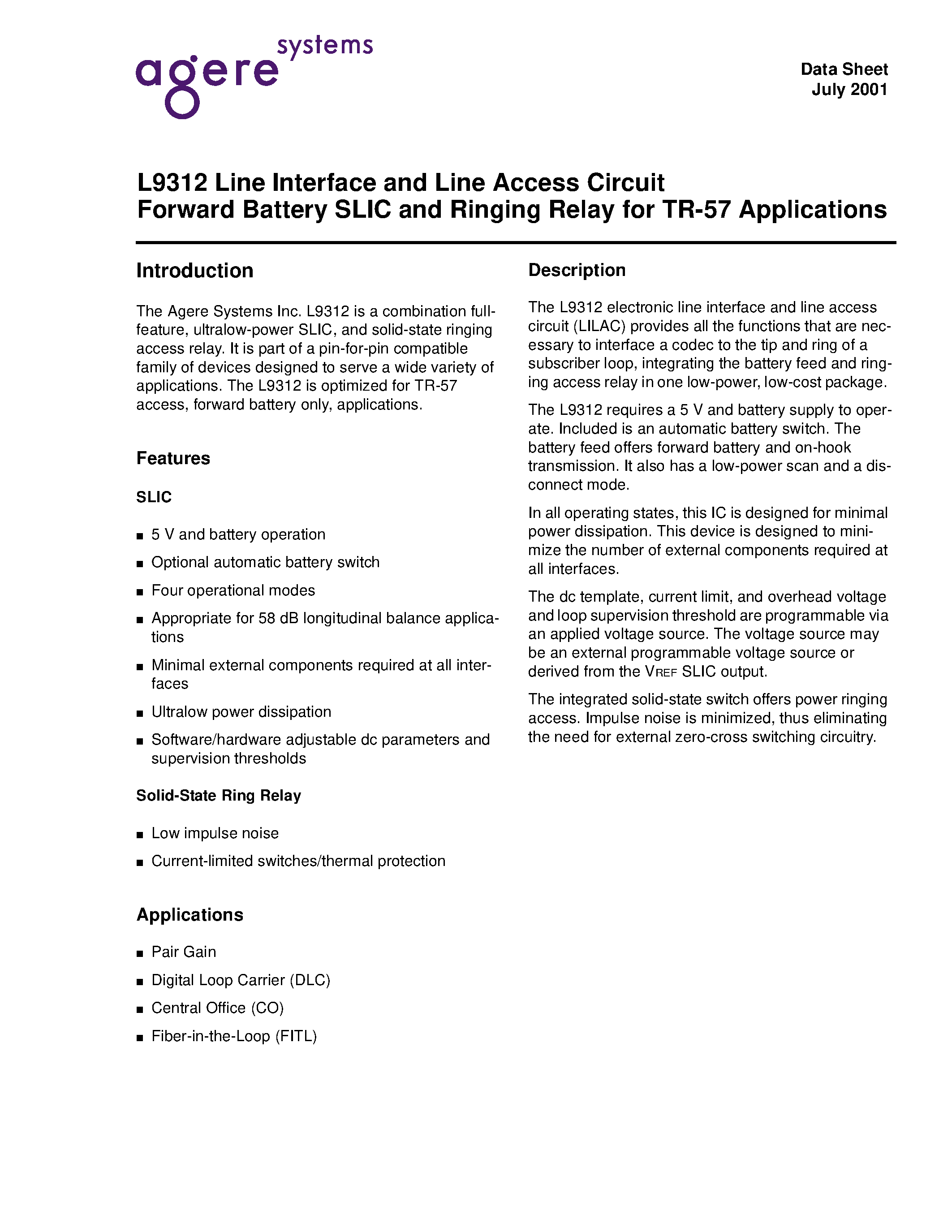 Datasheet LUCL9312GP-D - Line Interface and Line Access Circuit Forward Battery SLIC and Ringing Relay for TR-57 Applications page 1