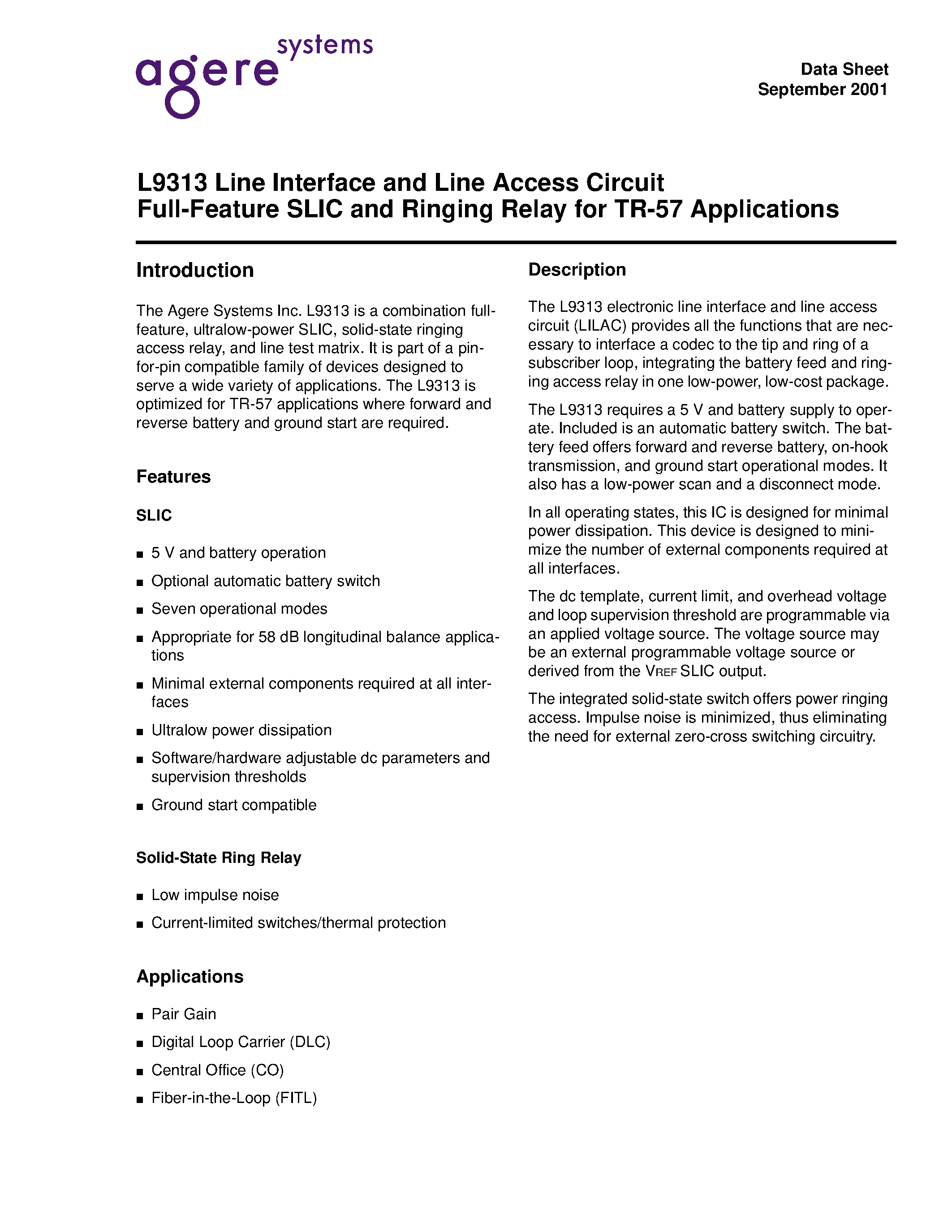 Datasheet LUCL9313GP-D - Line Interface and Line Access Circuit Full-Feature SLIC and Ringing for TR-57 Applications page 1