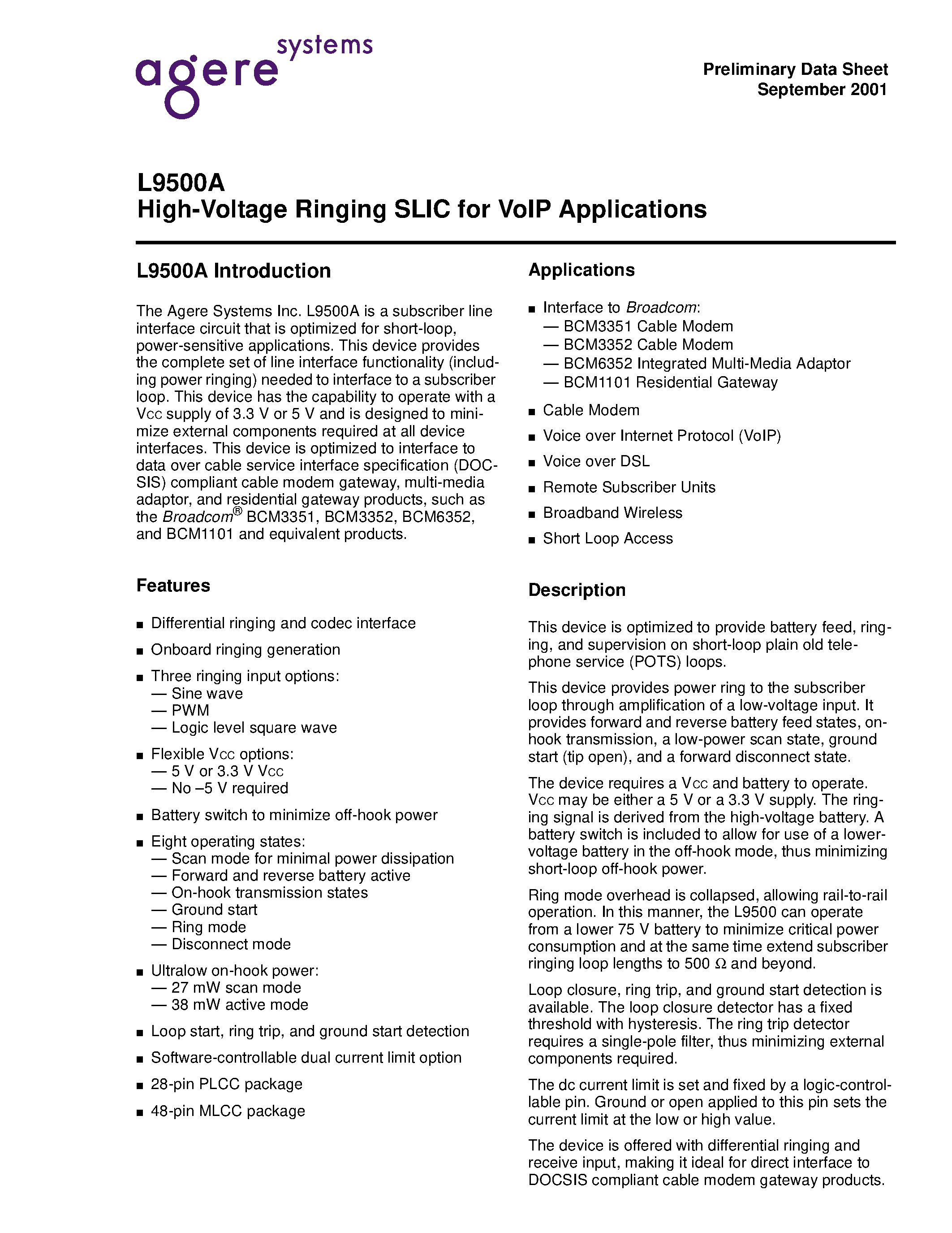 Datasheet LUCL9500AGF-D - High-Voltage Ringing SLIC for VolP Applications page 1