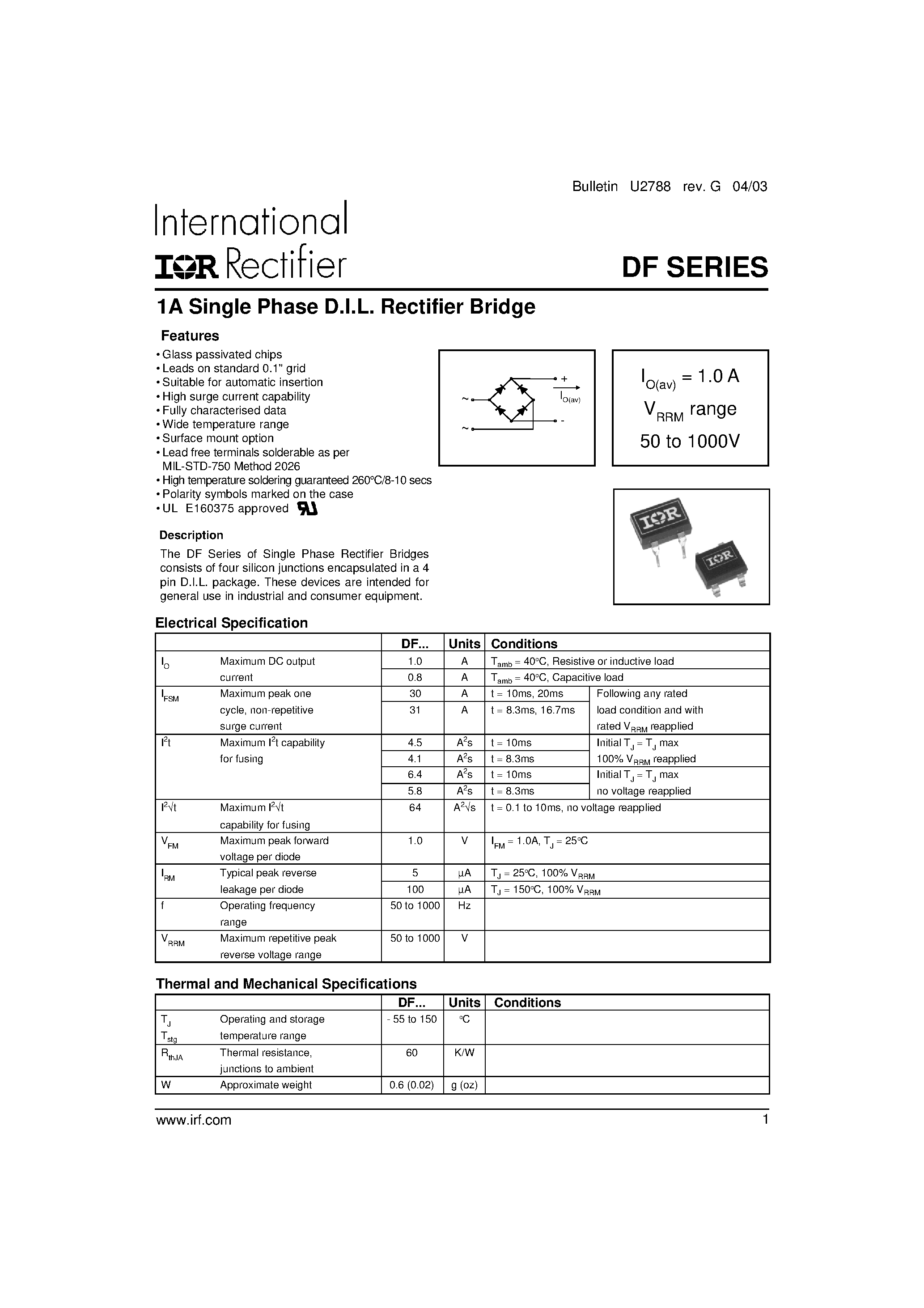 Datasheet DF - 1A Single Phase D.I.L. Rectifier Bridge page 1