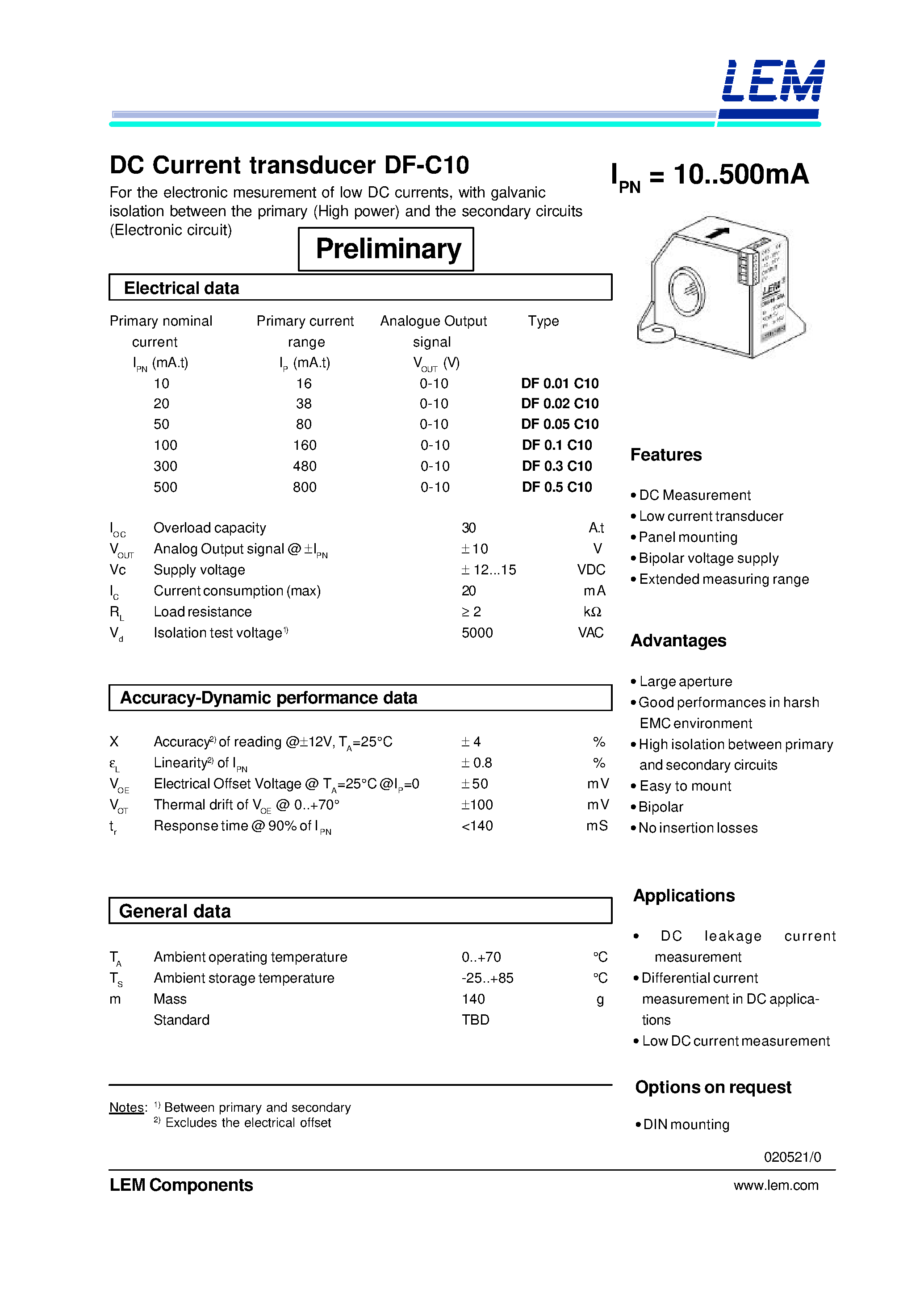 Datasheet DF0.5-C10 - DC Current transducer DF-C10 page 1