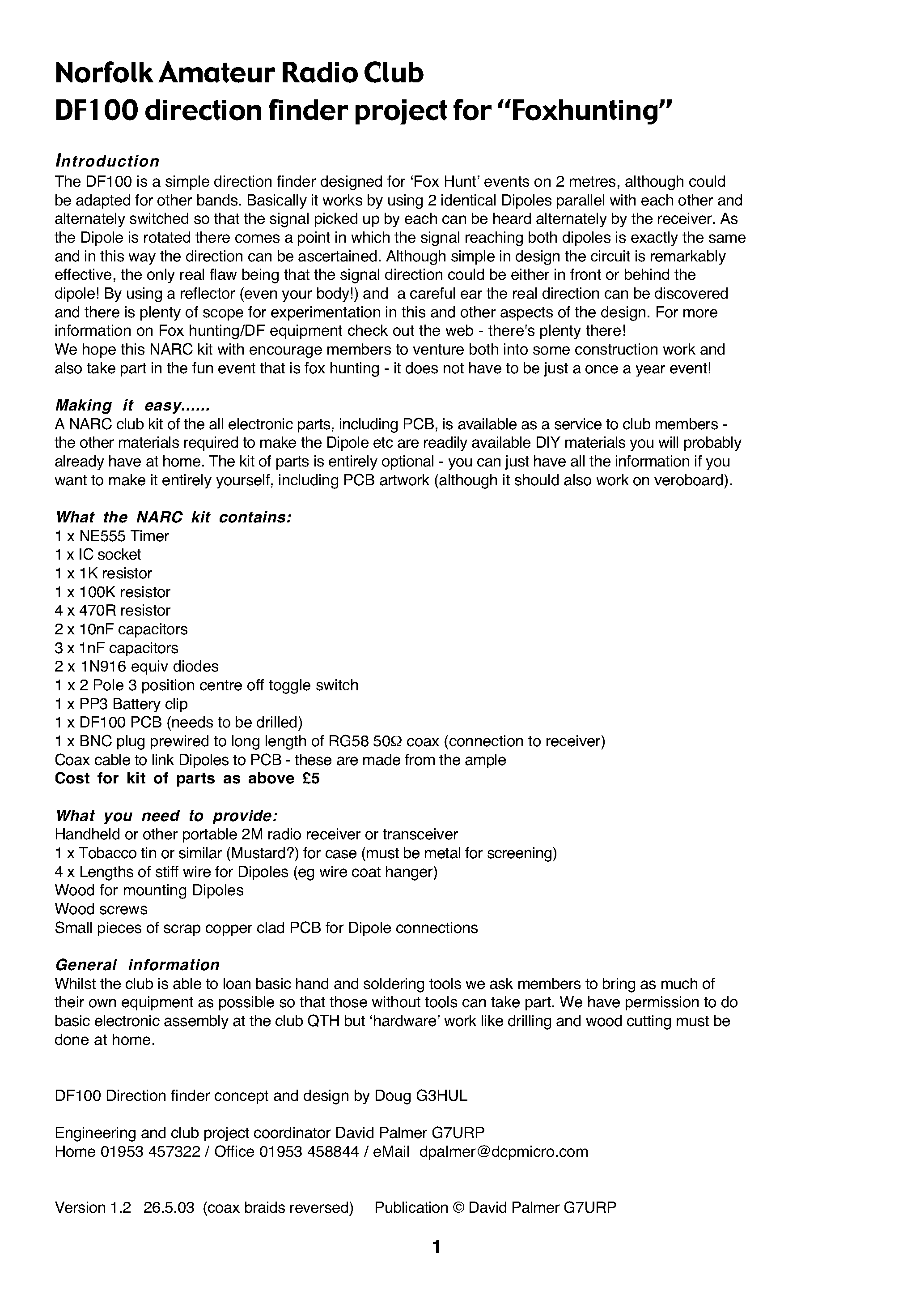 Даташит DF100 - Norfolk Amateur Radio Club DF100 direction finder project for Foxhunting страница 1