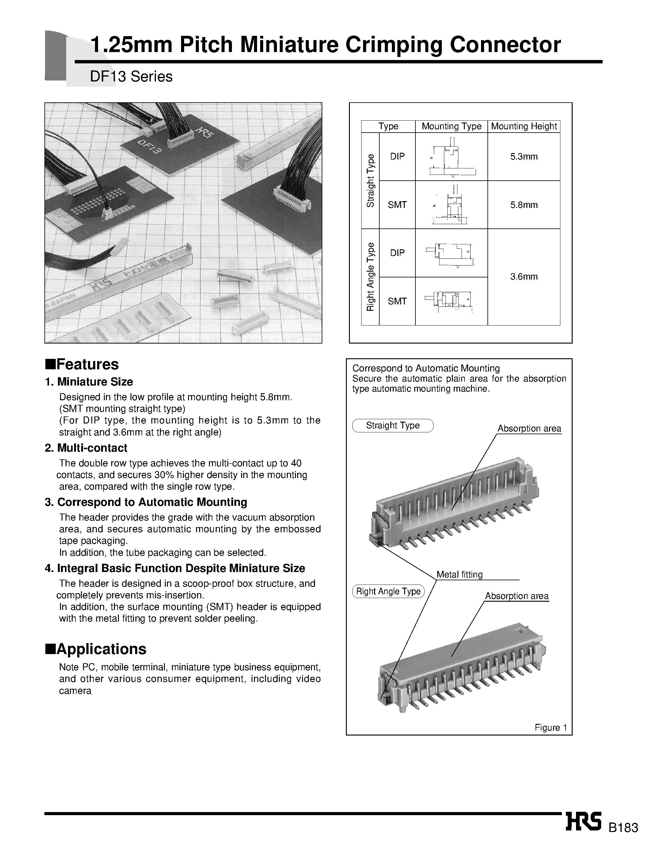 Даташит DF13-13P-1.25C - 1.25mm Pitch Miniature Crimping Connector страница 1