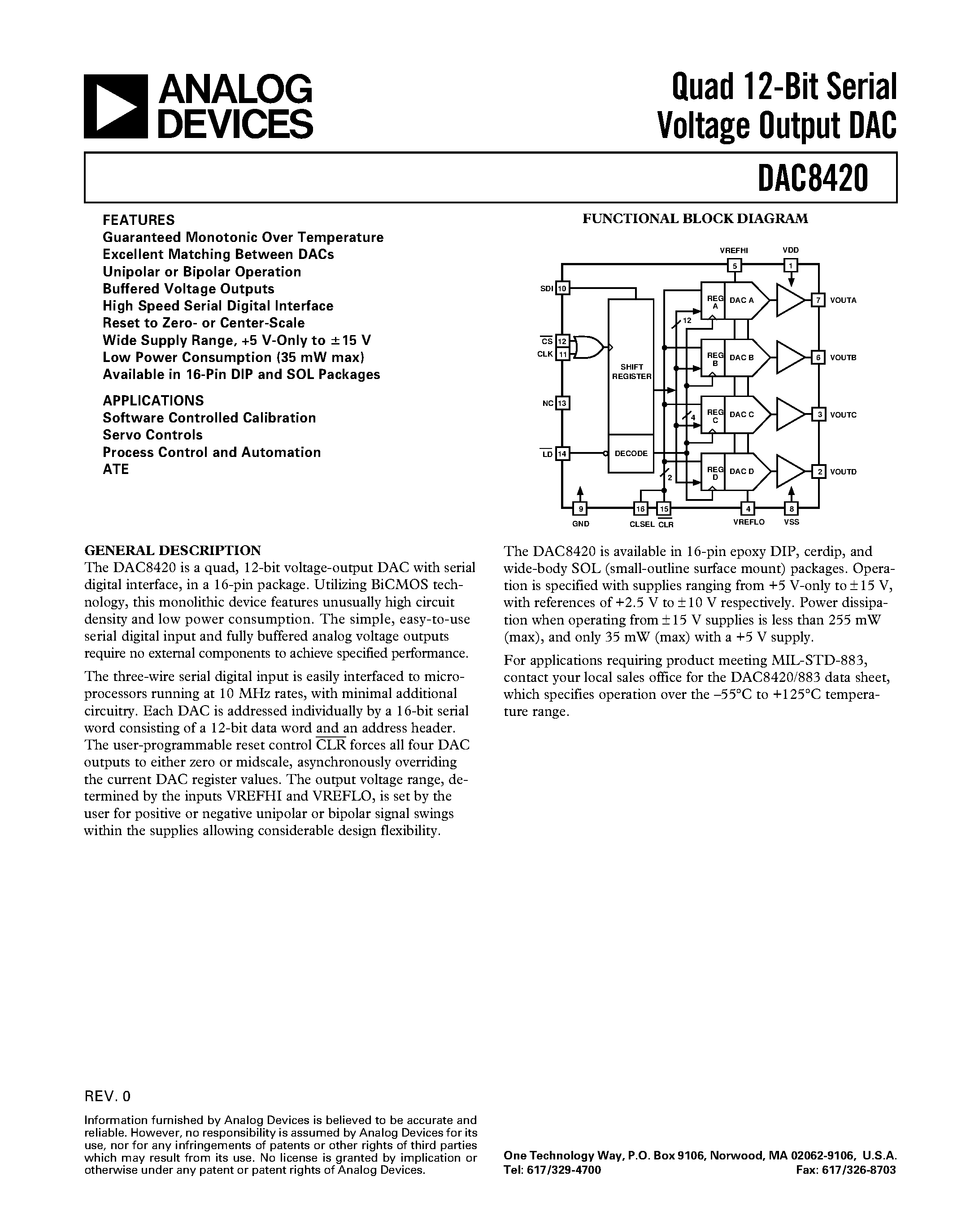 Datasheet DAC8420FS - Quad 12-Bit Serial Voltage Output DAC page 1