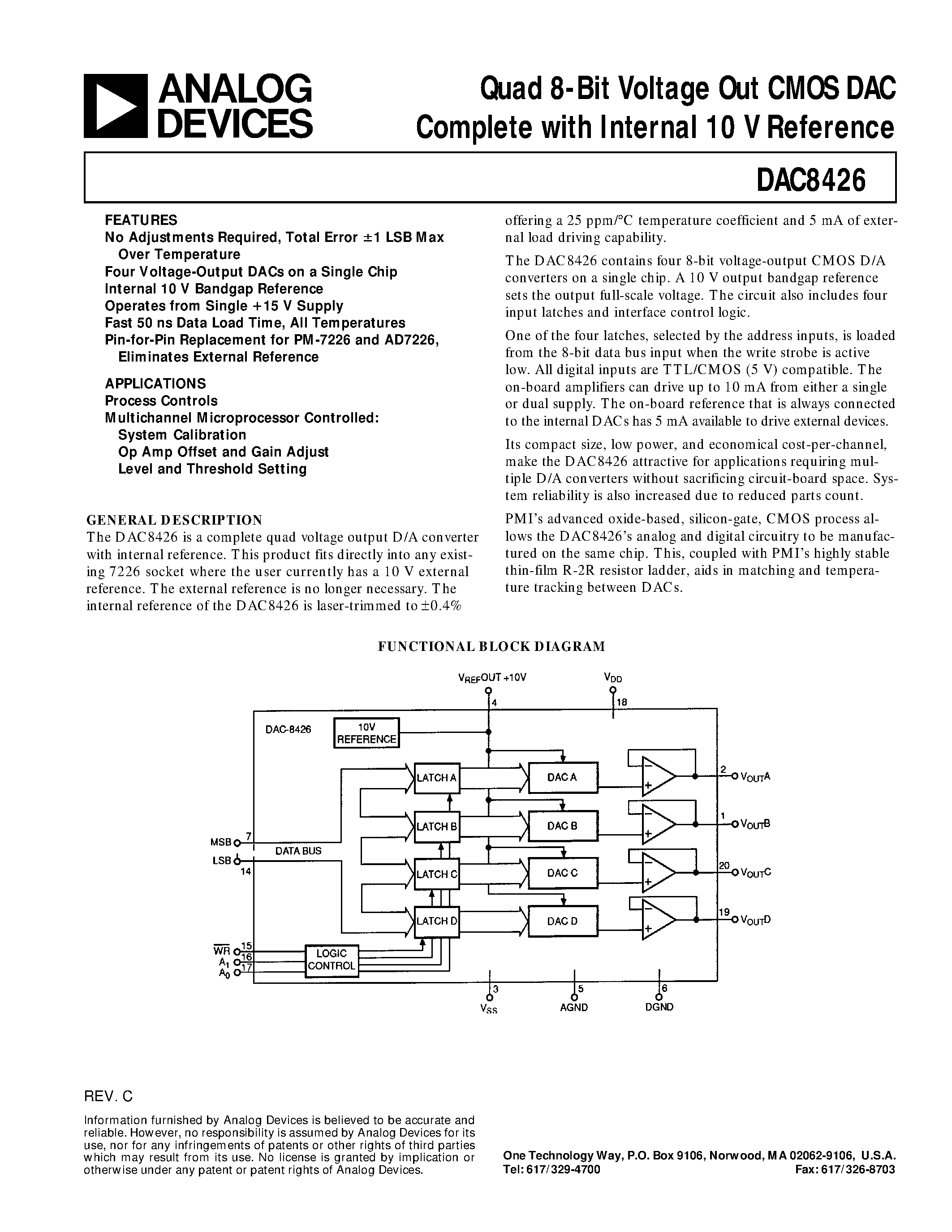 Datasheet DAC8426AR - Quad 8-Bit Voltage Out CMOS DAC Complete with Internal 10 V Reference page 1