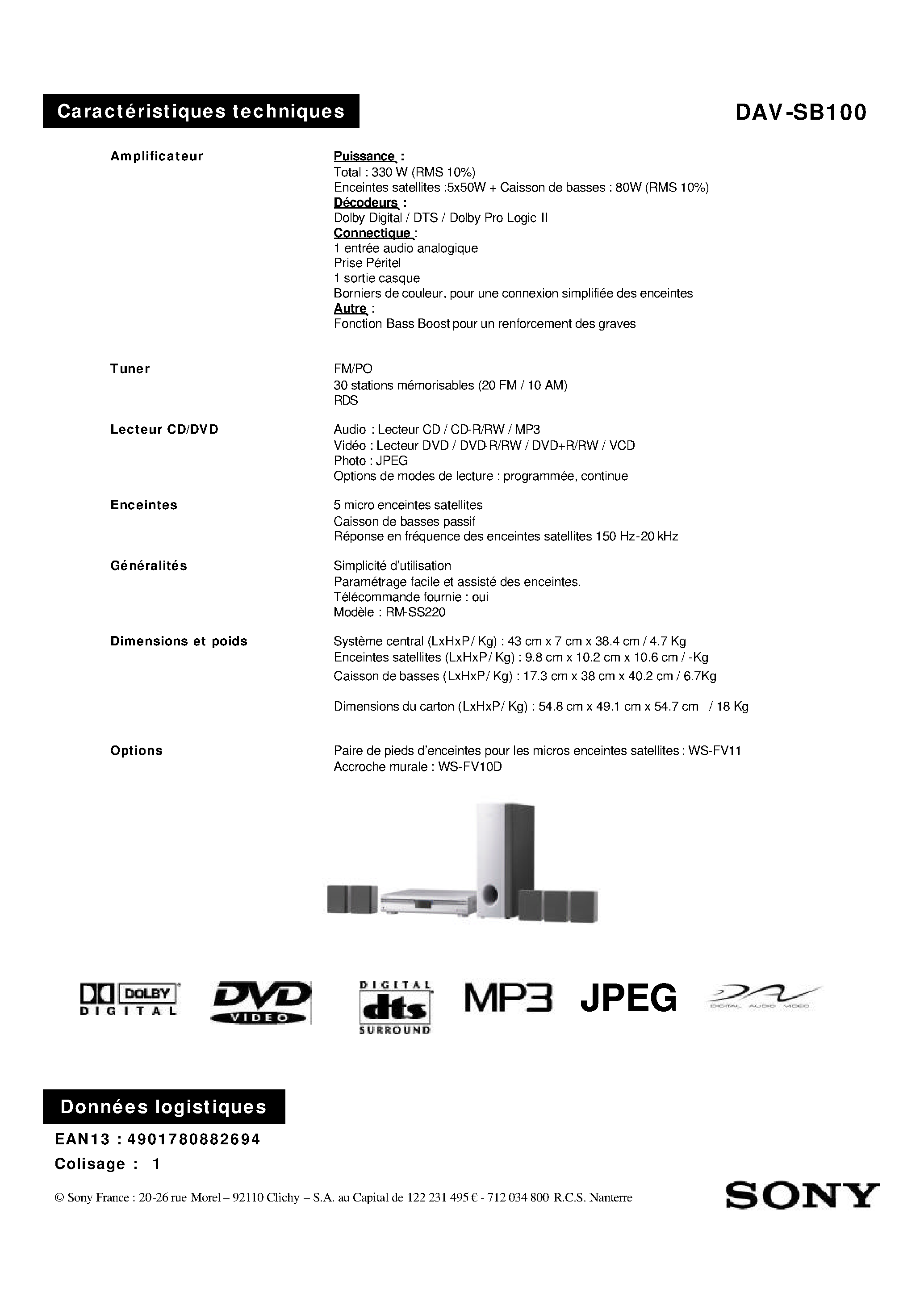 Datasheet DAV-SB100 - Ensemble Home Cinema page 2