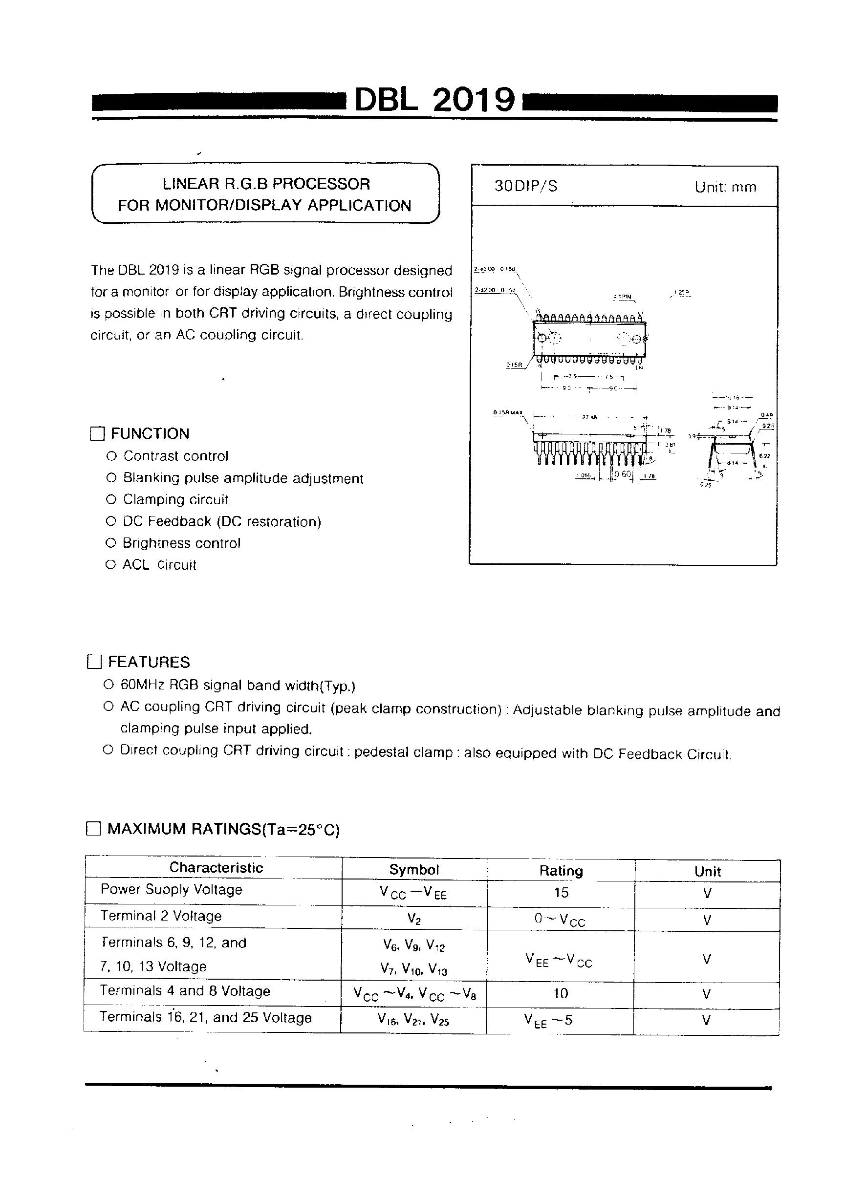 Даташит DBL2019 - LINEAR R.G.B PROCESSOR FOR MONITOR/DISLAY APPLICATION страница 1