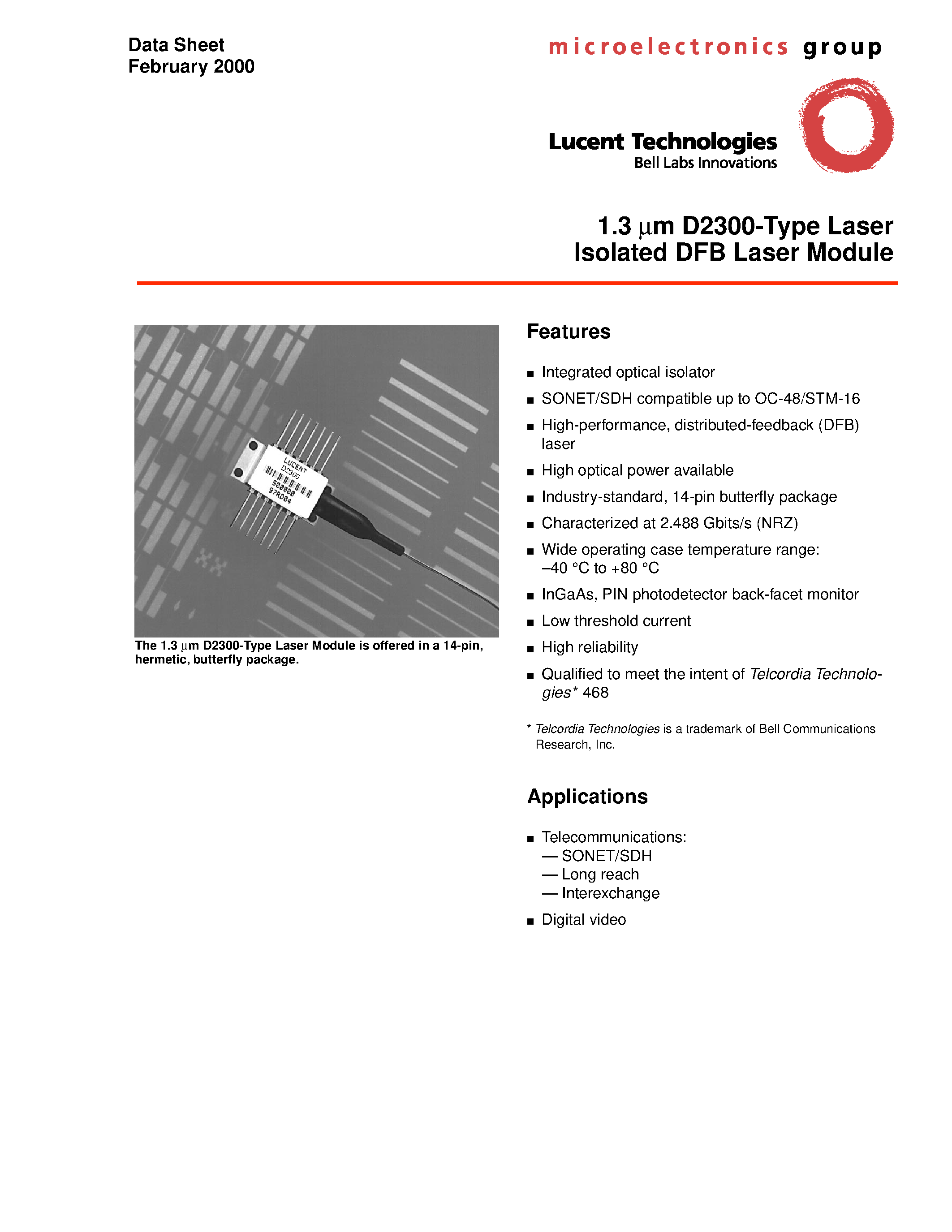 Datasheet D2300 - 1.3 m D2300-Type Laser Isolated DFB Laser Module page 1