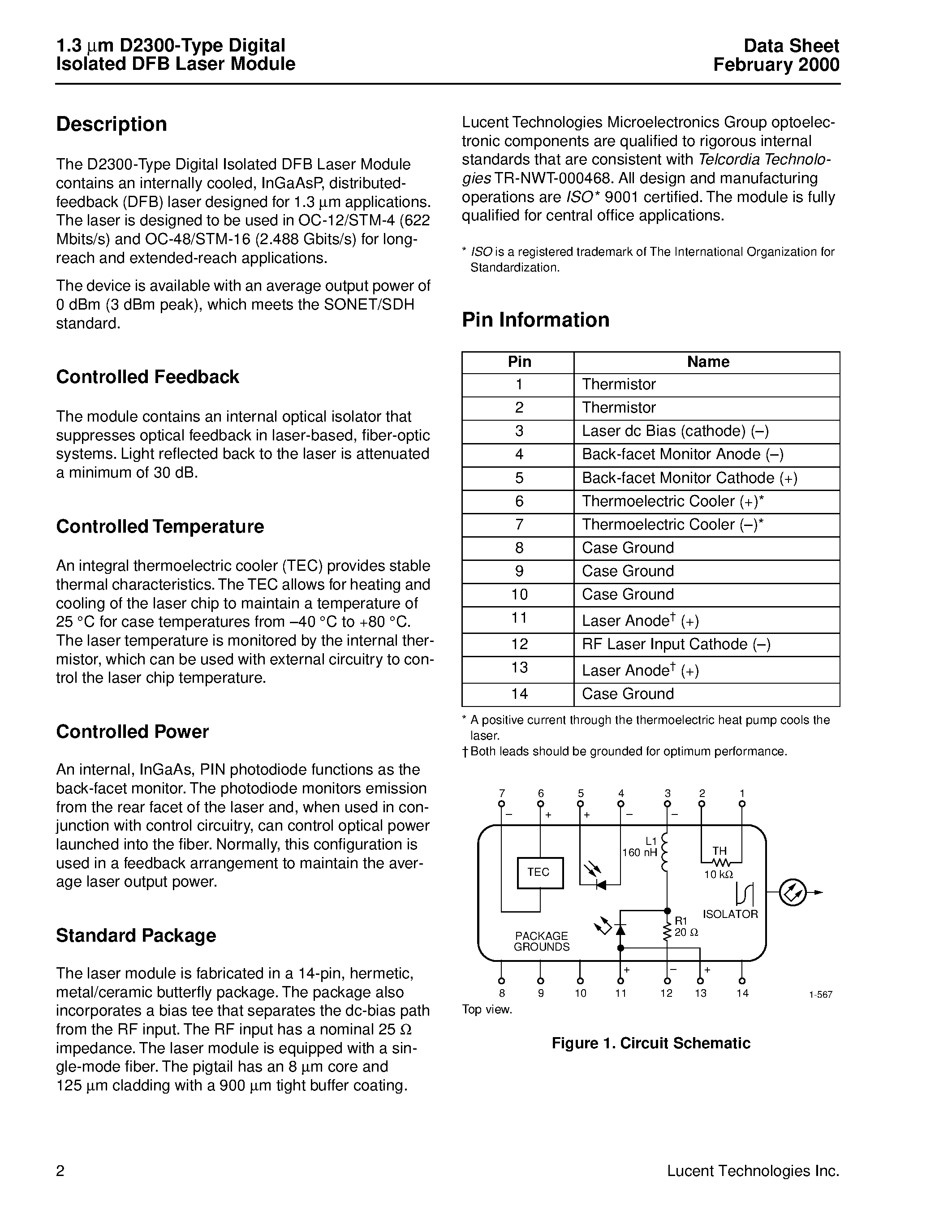 Datasheet D2300 - 1.3 m D2300-Type Laser Isolated DFB Laser Module page 2