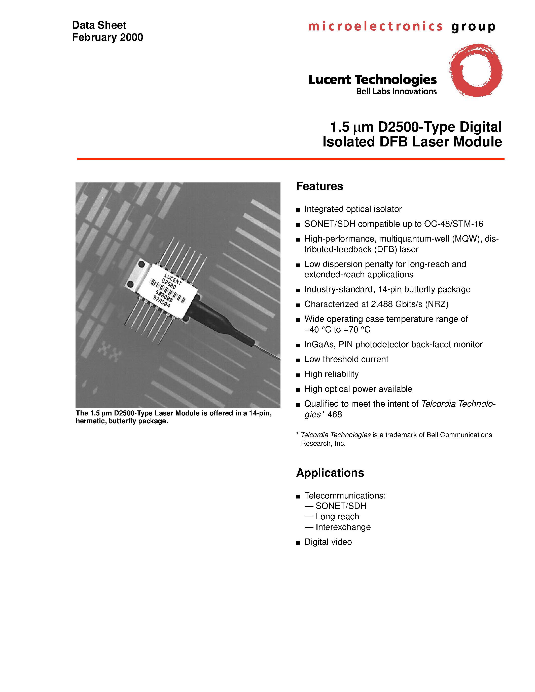 Даташит D2500 - 1.5 m m D2500-Type Digital Isolated DFB Laser Module страница 1