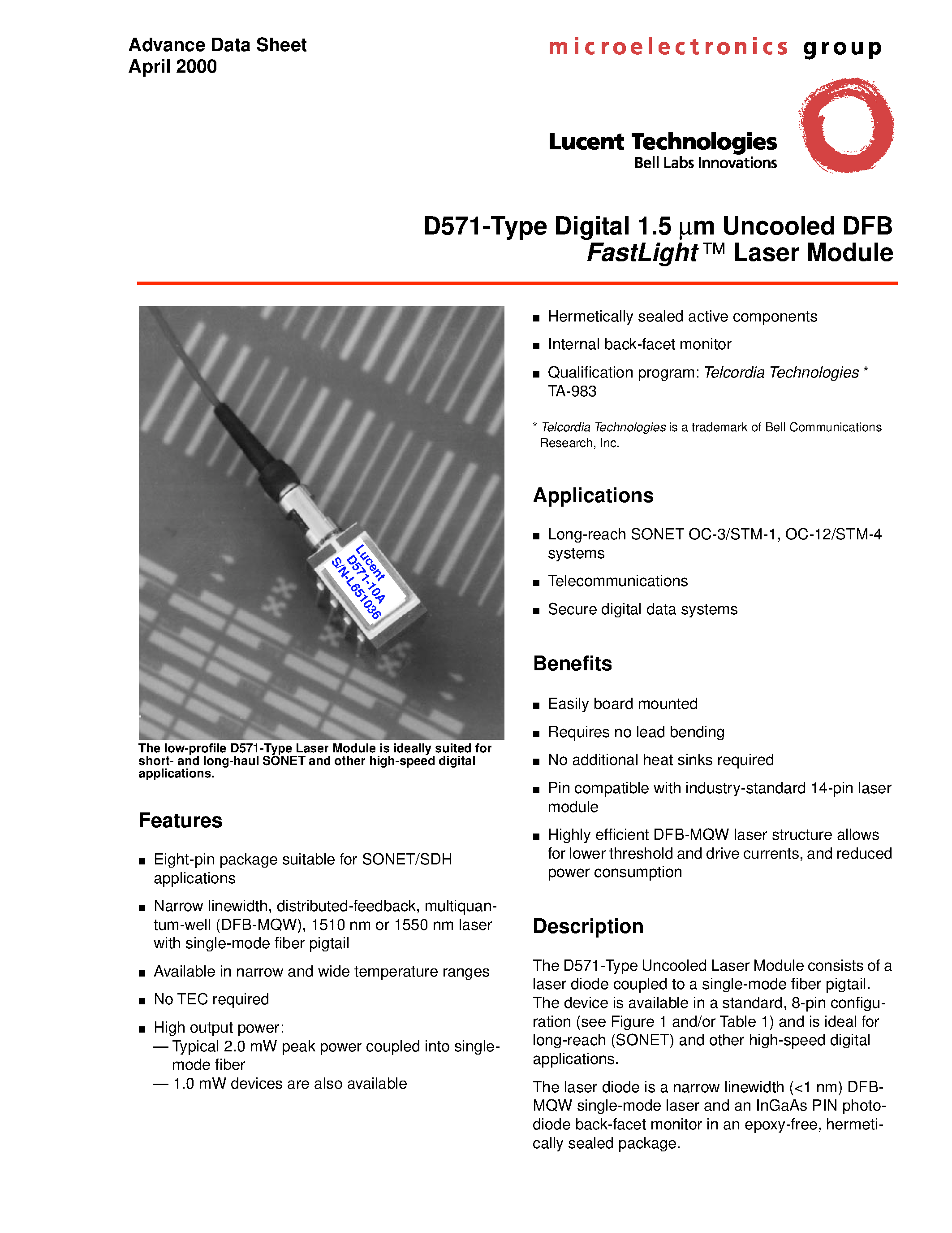 Даташит D571-10F - D571-Type Digital 1.5 m m Uncooled DFB FastLight Laser Module страница 1