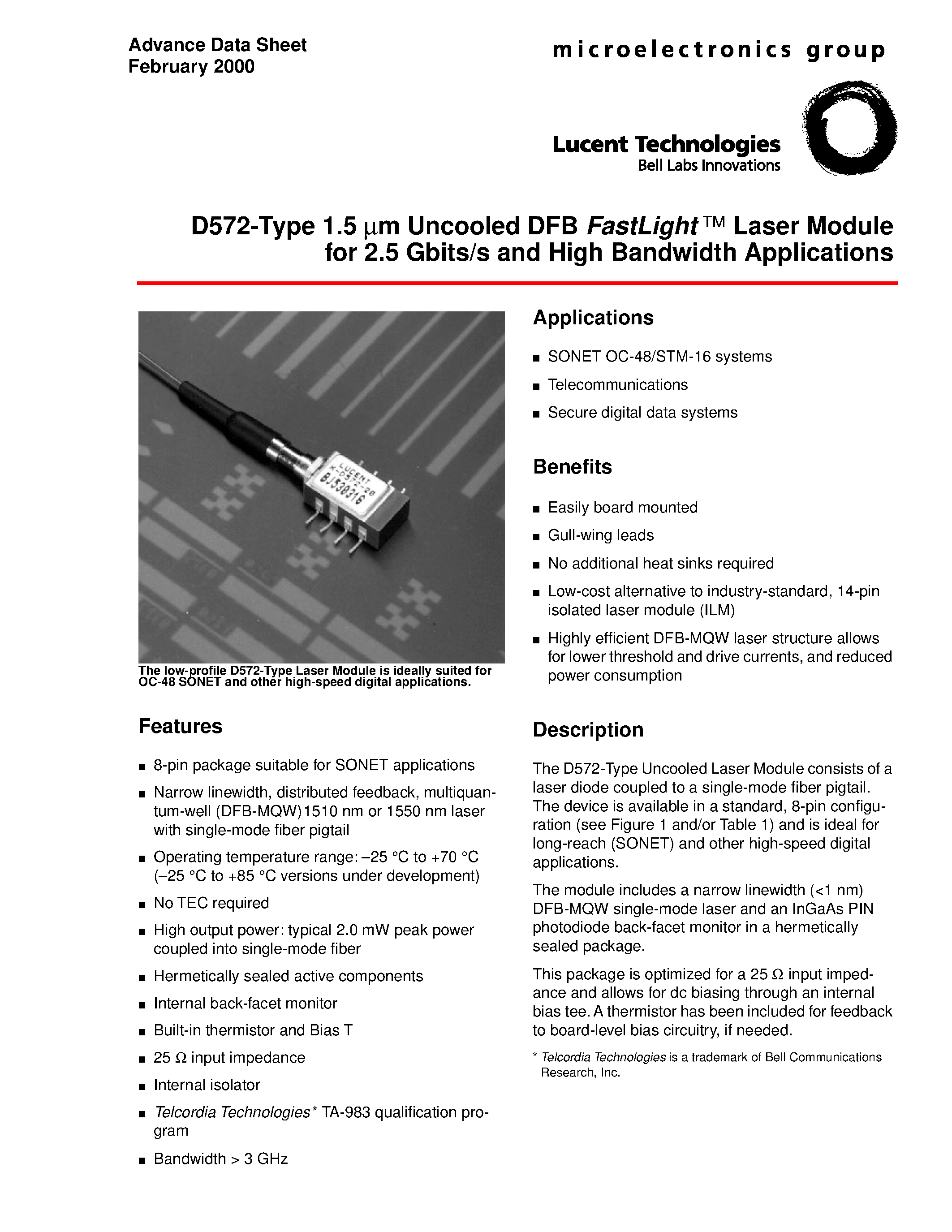 Даташит D572 - D572-Type 1.5 m m Uncooled DFB FastLight Laser Module for 2.5 Gbits/s and High Bandwidth Applications страница 1