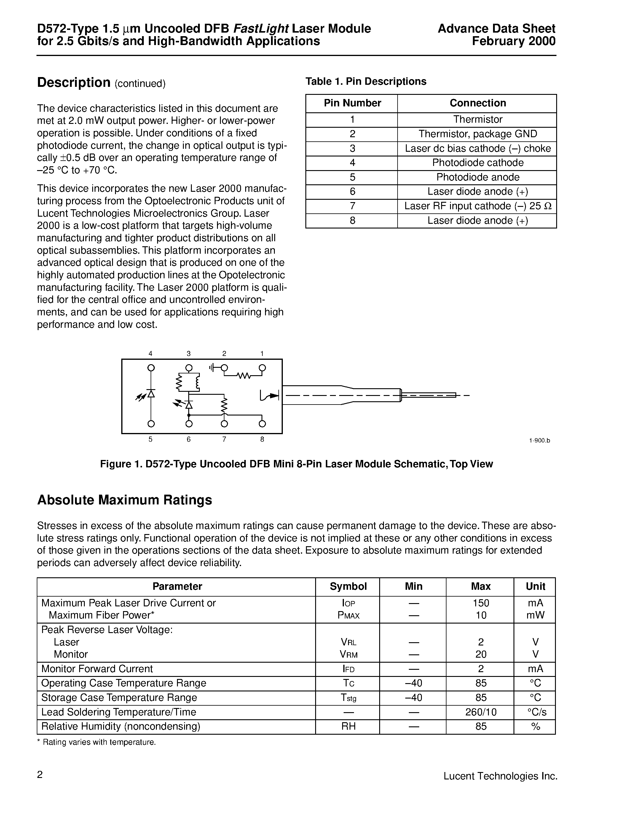 Даташит D572 - D572-Type 1.5 m m Uncooled DFB FastLight Laser Module for 2.5 Gbits/s and High Bandwidth Applications страница 2