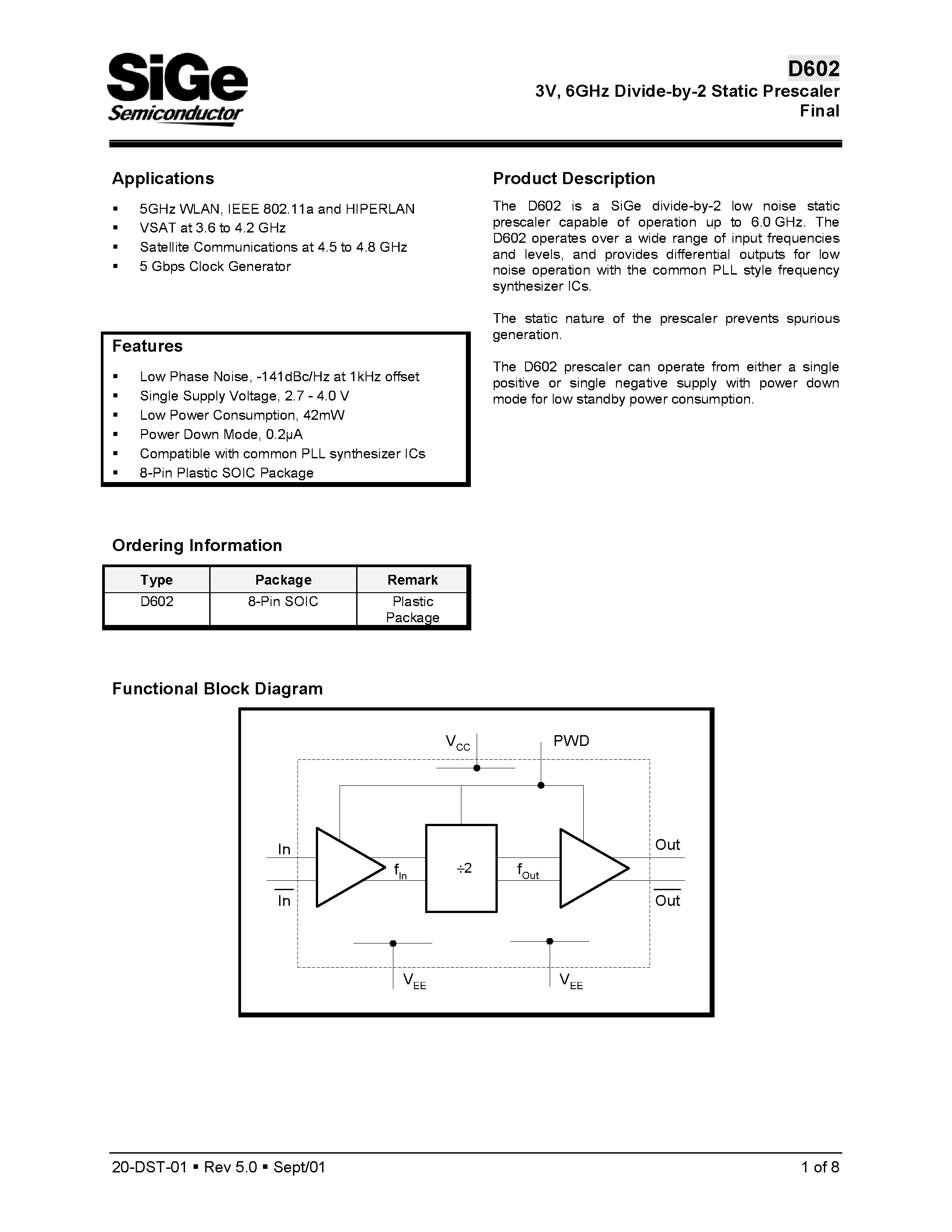 Даташит D602 - 3V/ 6GHz Divide-by-2 Static Prescaler Final страница 1