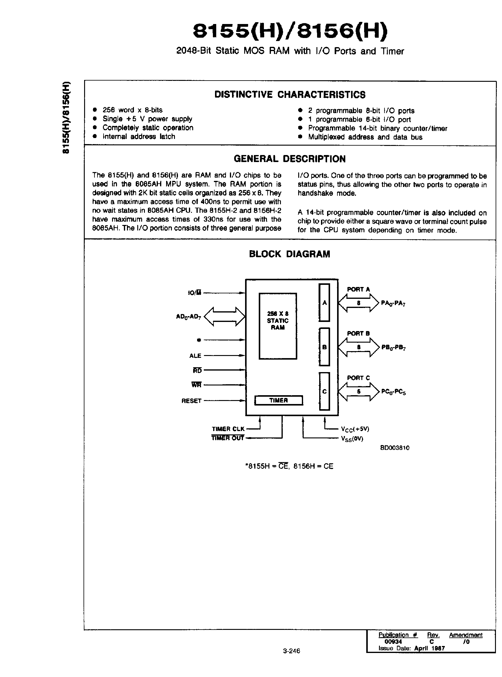 Даташит D8155 - 2048-Bit Static MOS RAM with I/O Ports and Timer страница 1