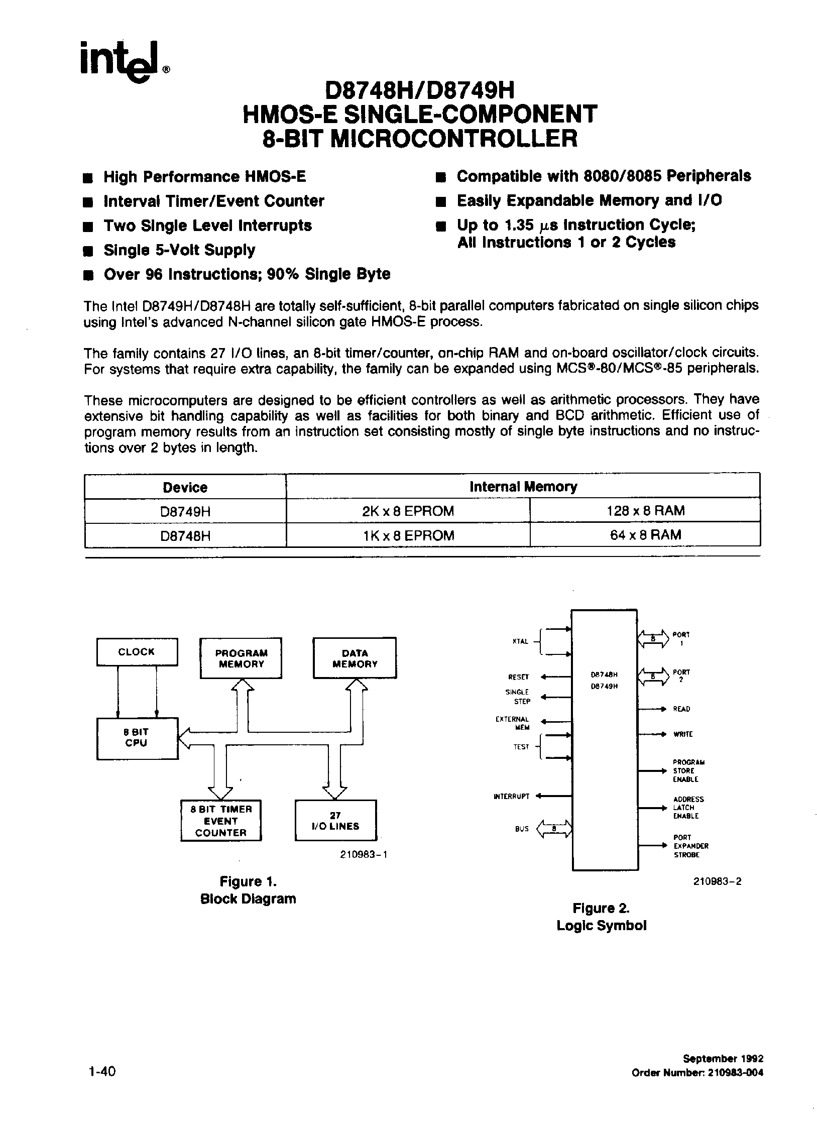 Datasheet D8748H - HMOS-E SINGLE-COMPONENT 8-BIT MICROCONTROLLER page 1