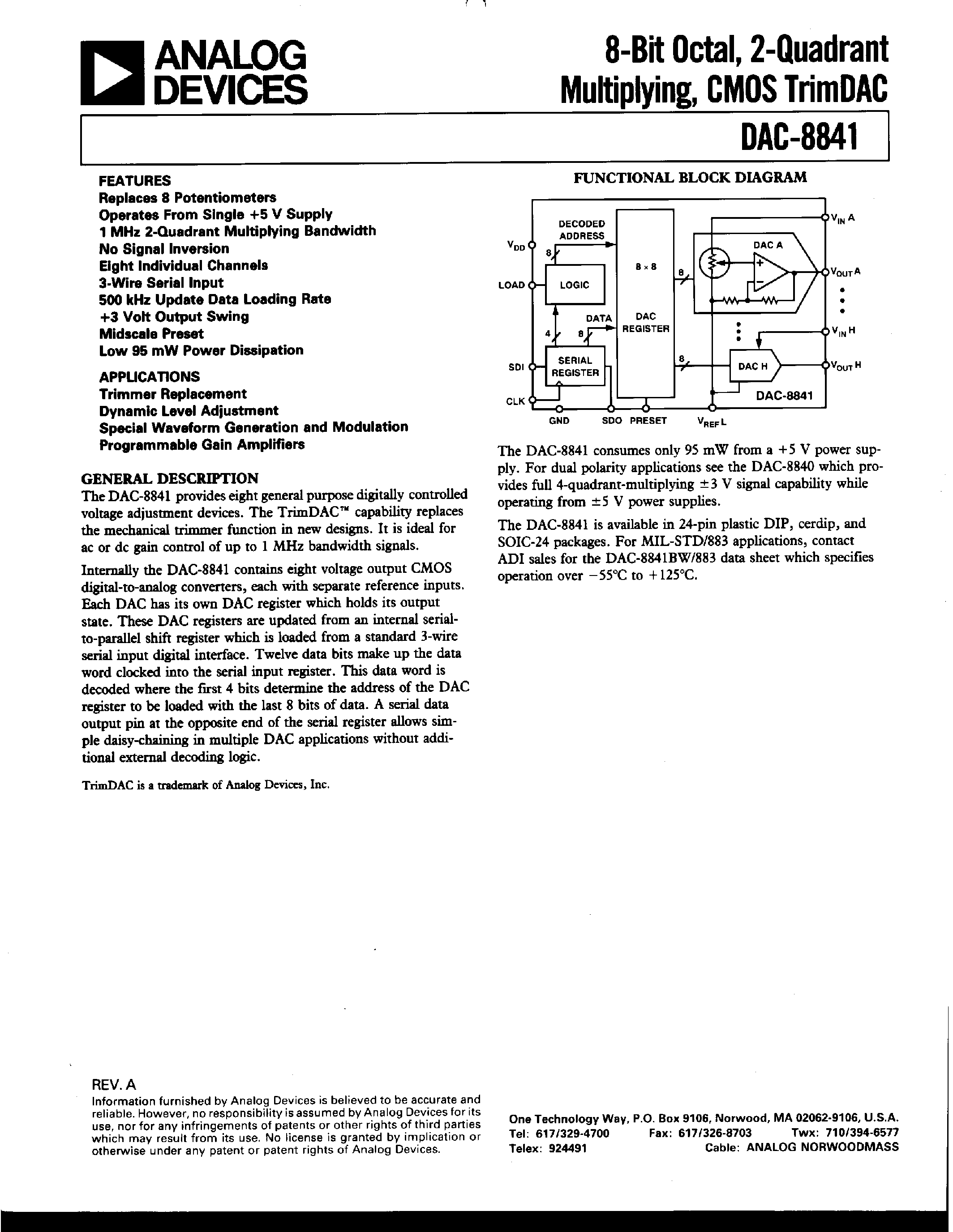 Datasheet DAC-8841 - 8-Bit Octal/ 2-Quadrant Multiplying/ CMOS TrimDAC page 1