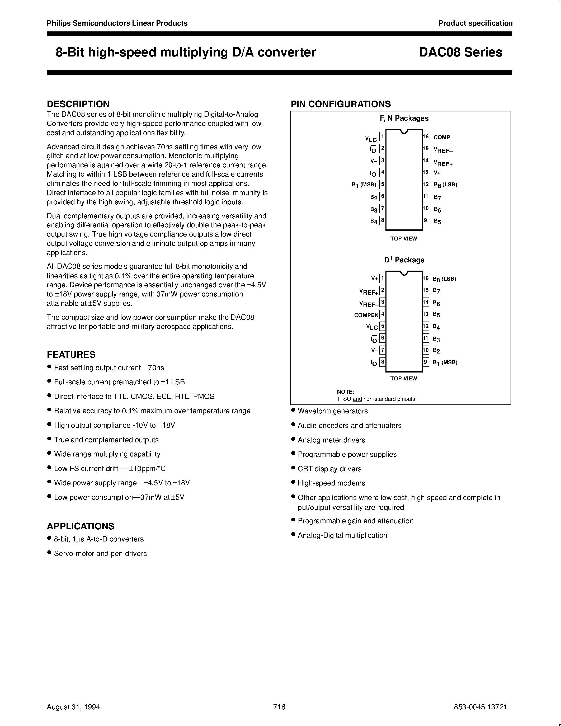 Datasheet DAC08 - 8-Bit high-speed multiplying D/A converter page 1