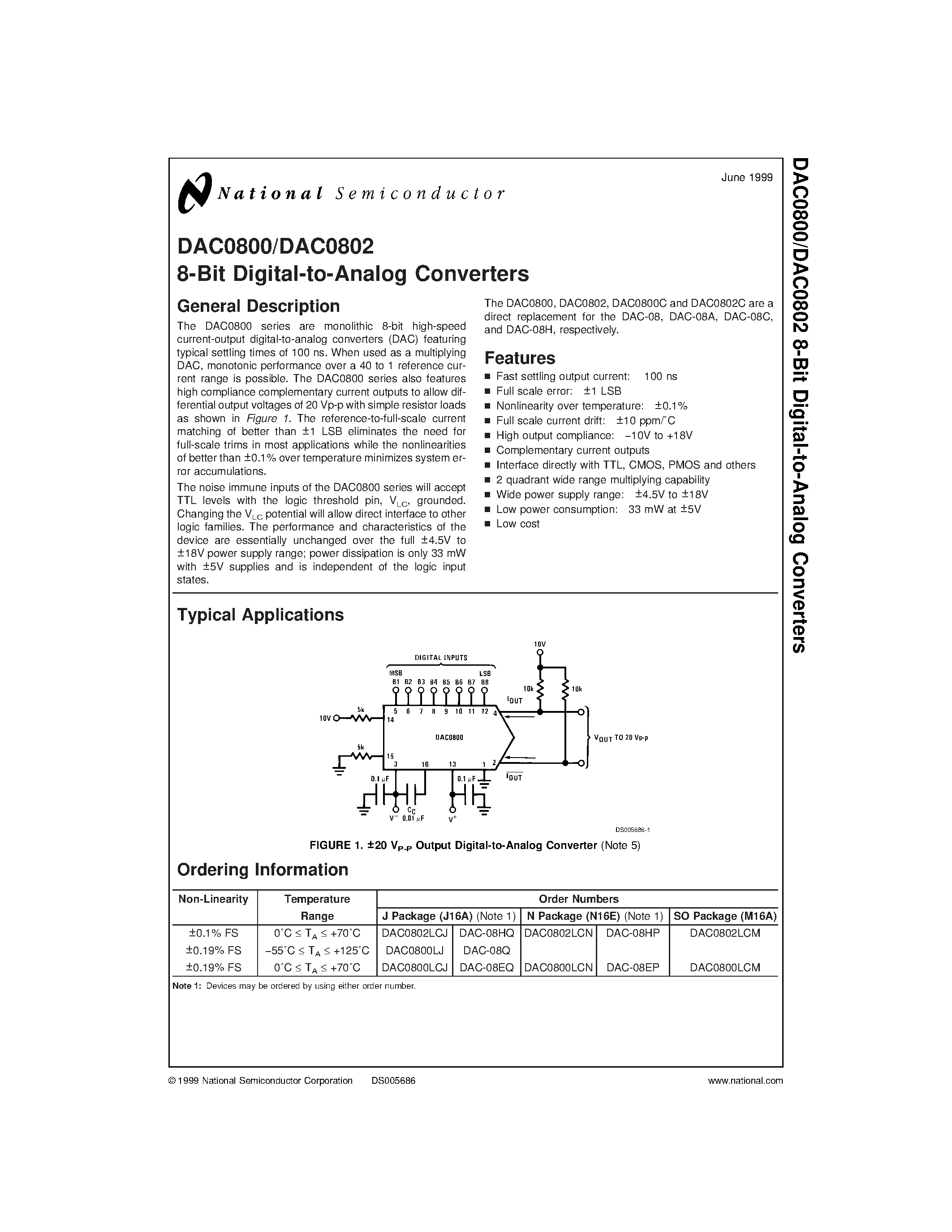 Datasheet DAC0800LCJ - 8-Bit Digital-to-Analog Converters page 1