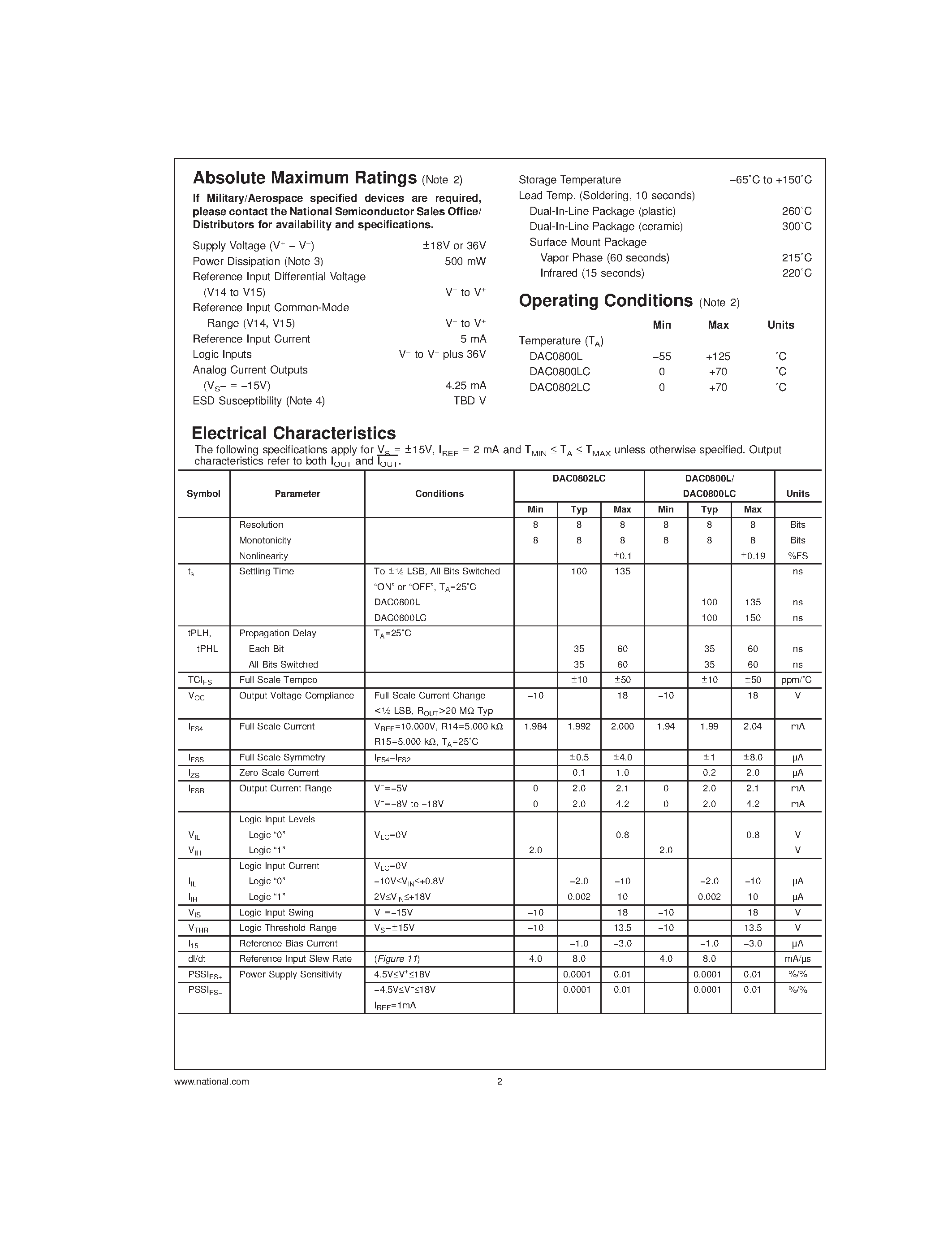 Datasheet DAC0800LCJ - 8-Bit Digital-to-Analog Converters page 2